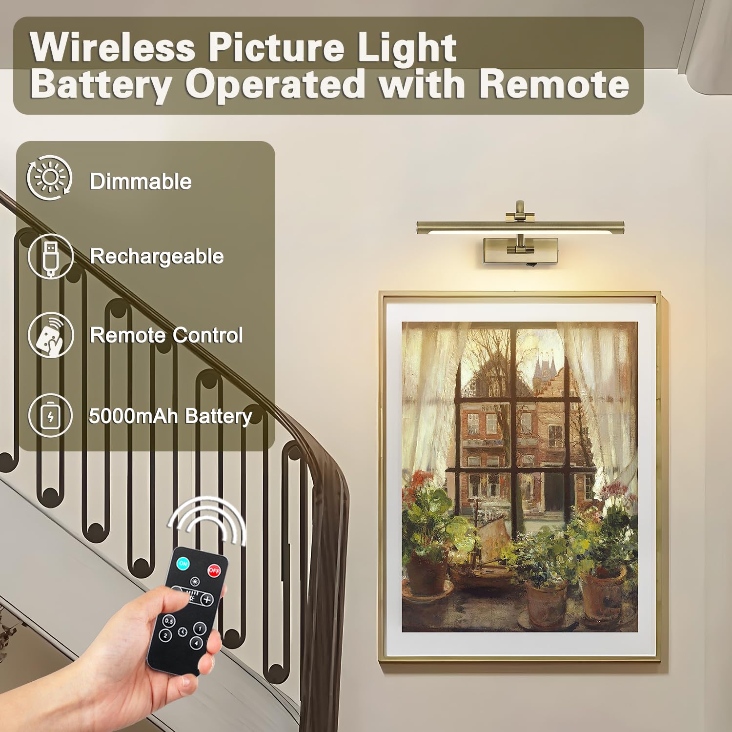 DESOOP Wireless Picture Light, 16" Adjustable Art Light, Antique Bronze, Remote & Timer, Model 7115