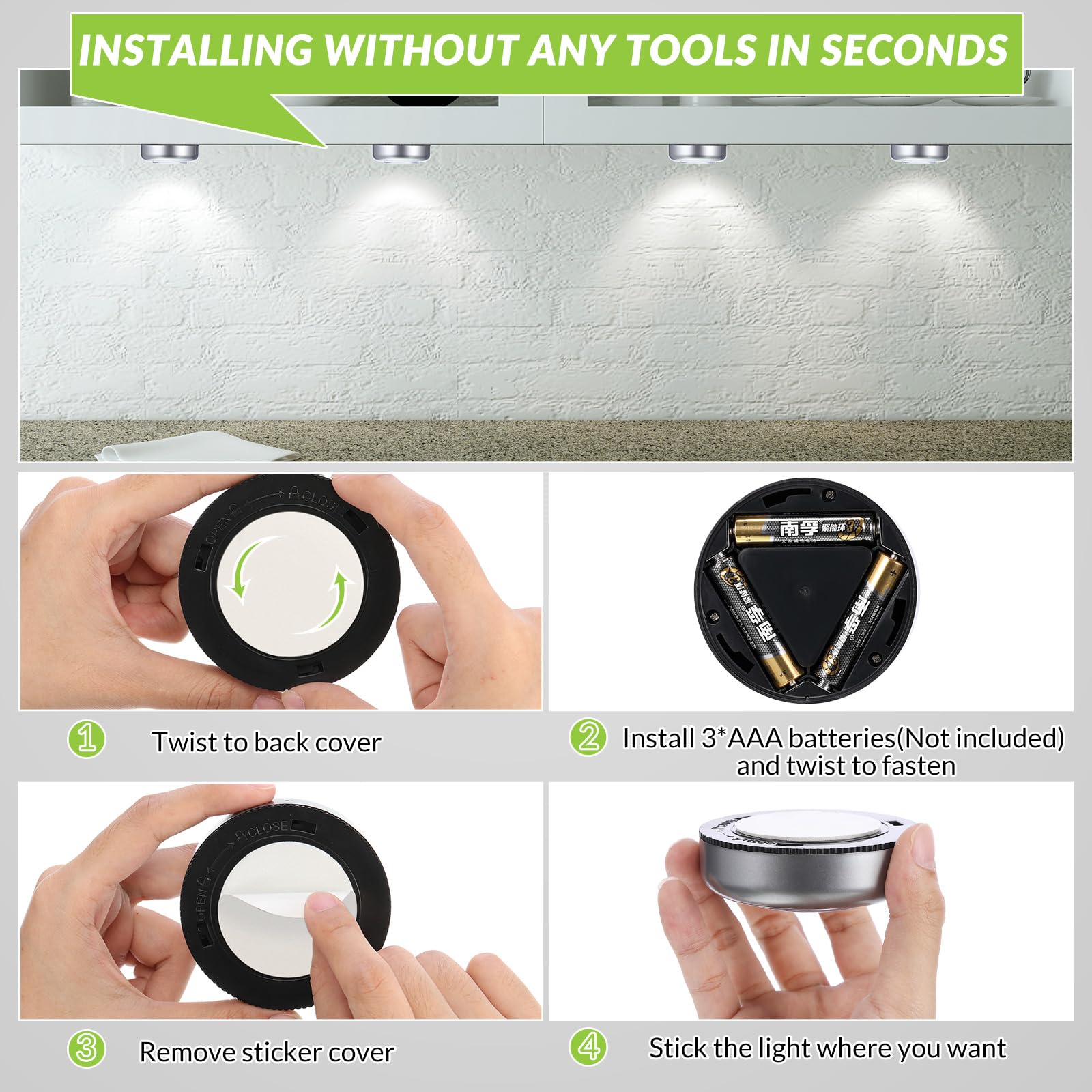 Macarrie 24 LED Puck Lights, Wireless Under Cabinet Lighting, 60 Lumens, Silver, Battery Operated, Touch Activation, Mini Tap Lights