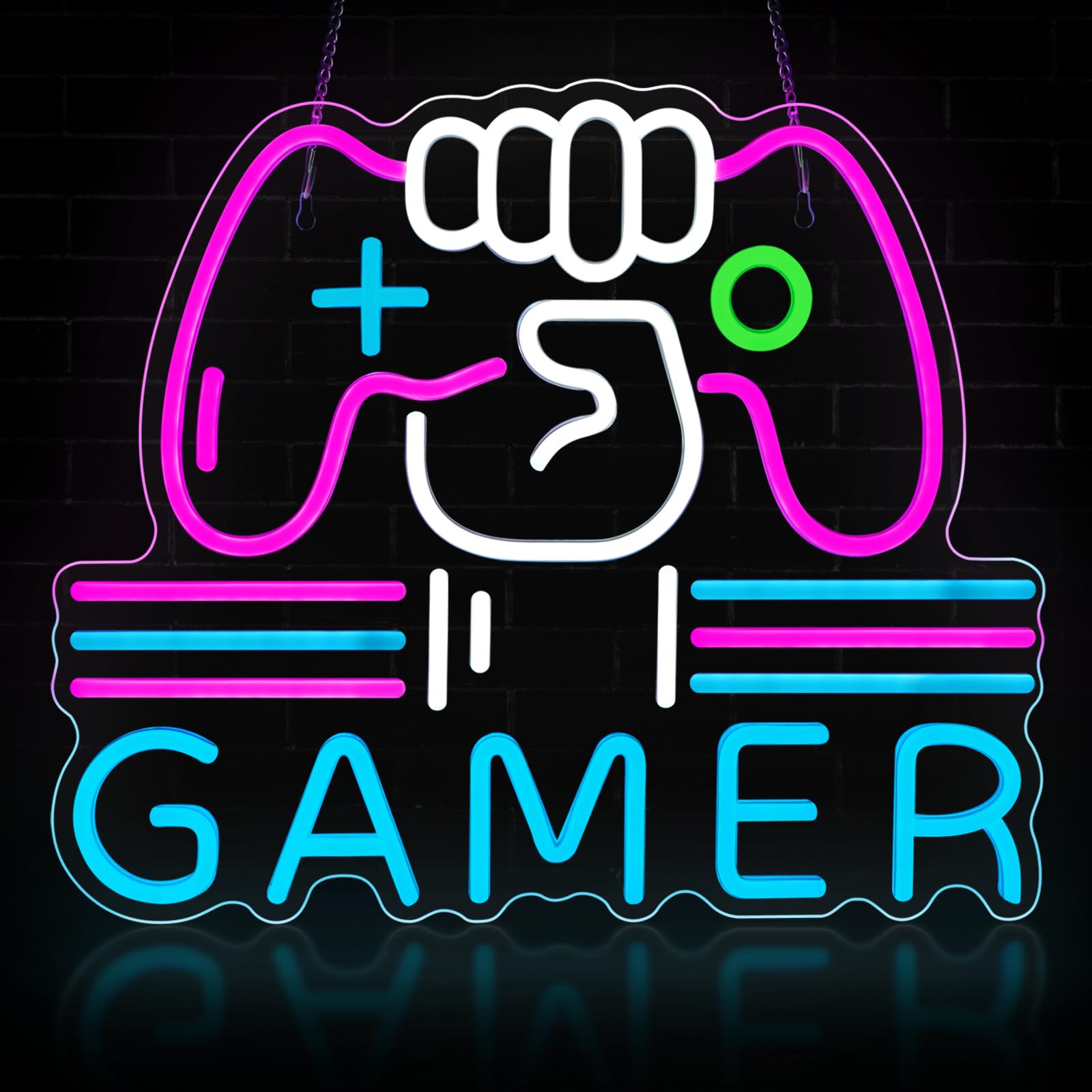 ReyeeInc Gamer Neon Sign - Bright Dimmable LED Light, 15.4x12.6in, Acrylic, Pink/Blue/White, Model RY23012, Perfect for Gaming Room