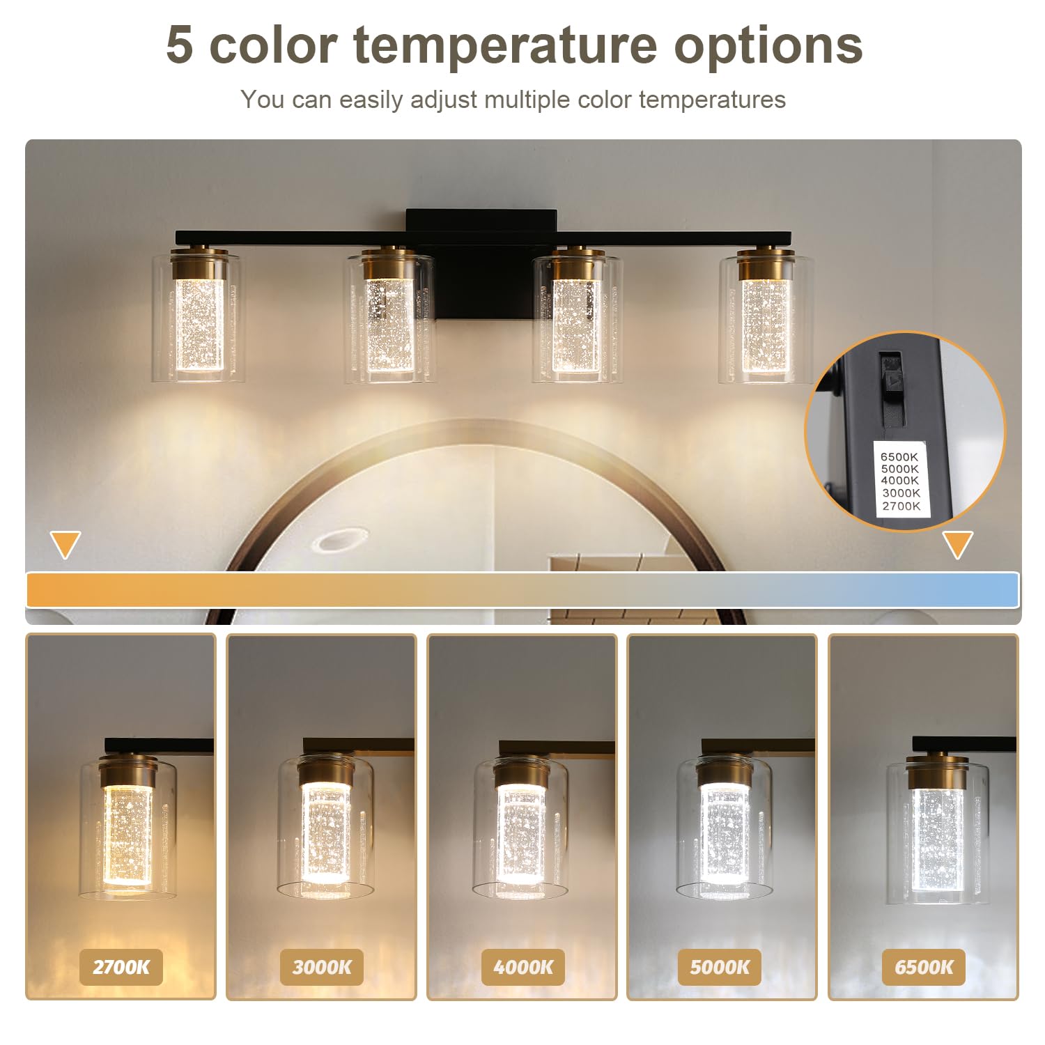 Emong 4-Light Black&Gold Bathroom Light Fixtures,Dimmable 5Cct Led Vanity Lights With Clear Glass,2700K-6500K Adjustable Crystal Bubble Black Bathroom Vanity Light Over Mirror For Hallway