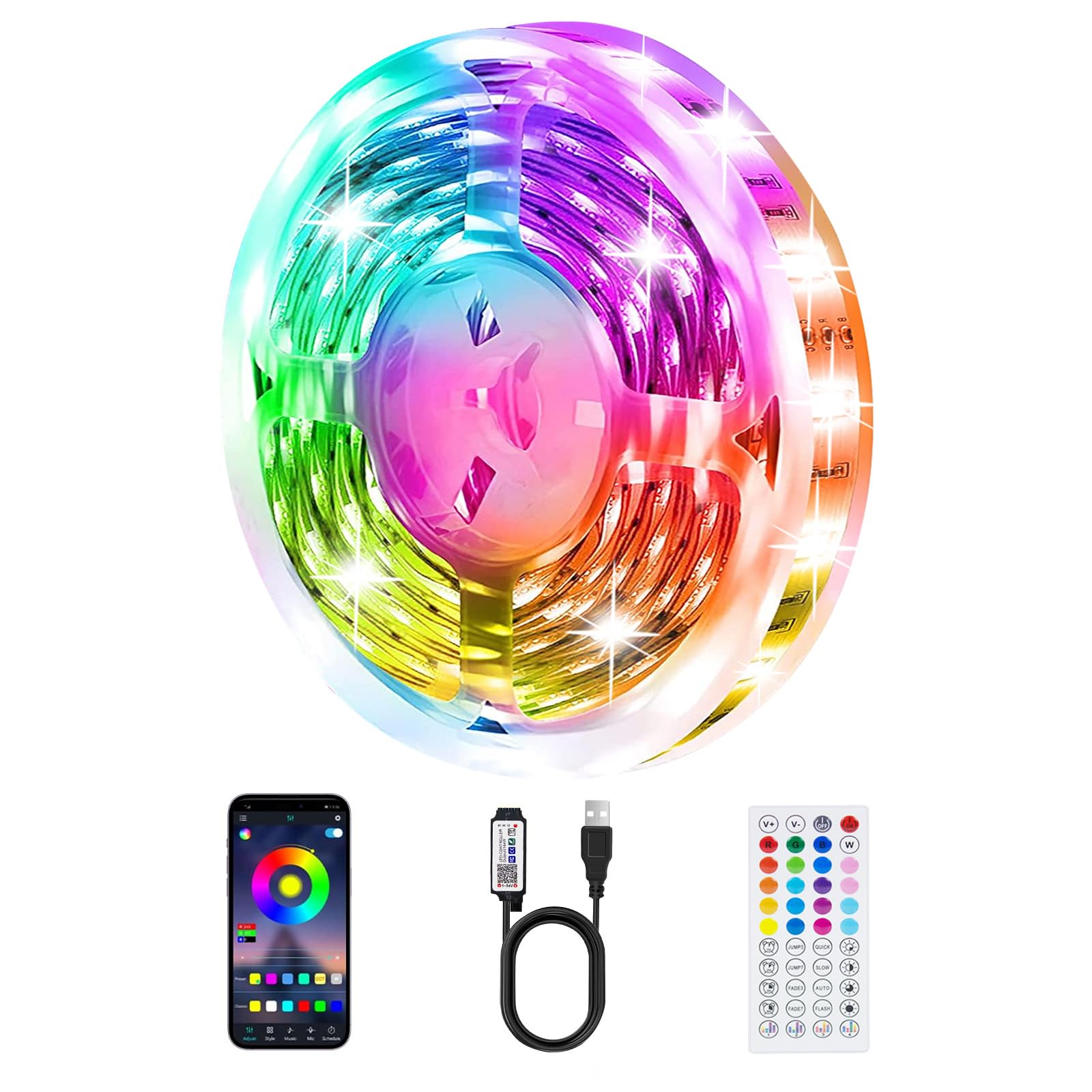 PSTAR LED Strip Lights 65.6ft RGB Music Sync Bluetooth Remote Control USB-Powered for Bedroom Kitchen Party Decorations