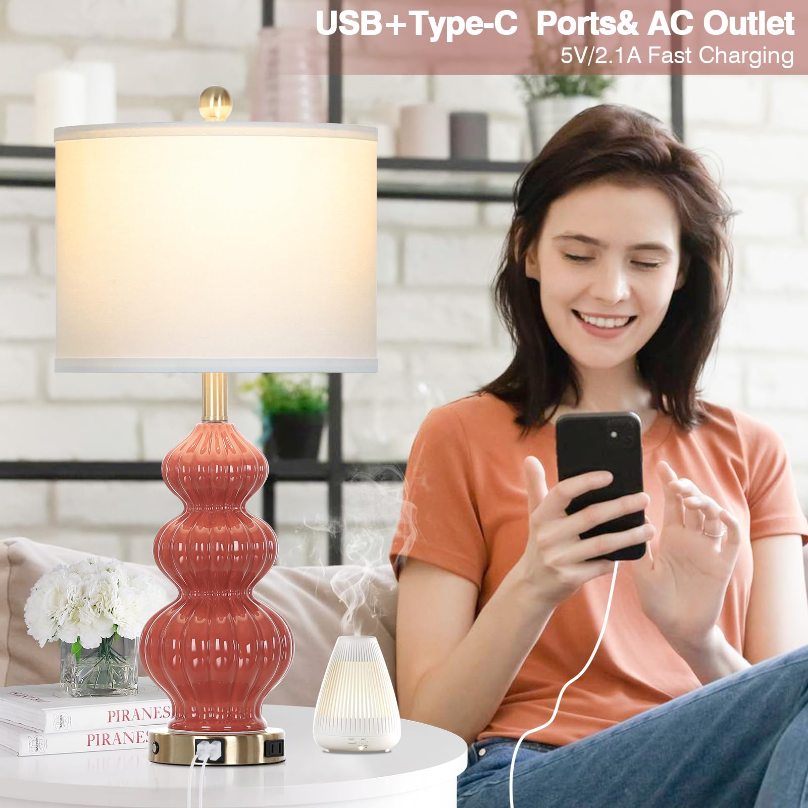 Rinweey Triple Gourd Ceramic Table Lamps Set of 2, Modern Orange with USB Ports & AC Outlet, 3 Way Touch Control for Bedroom Living Room