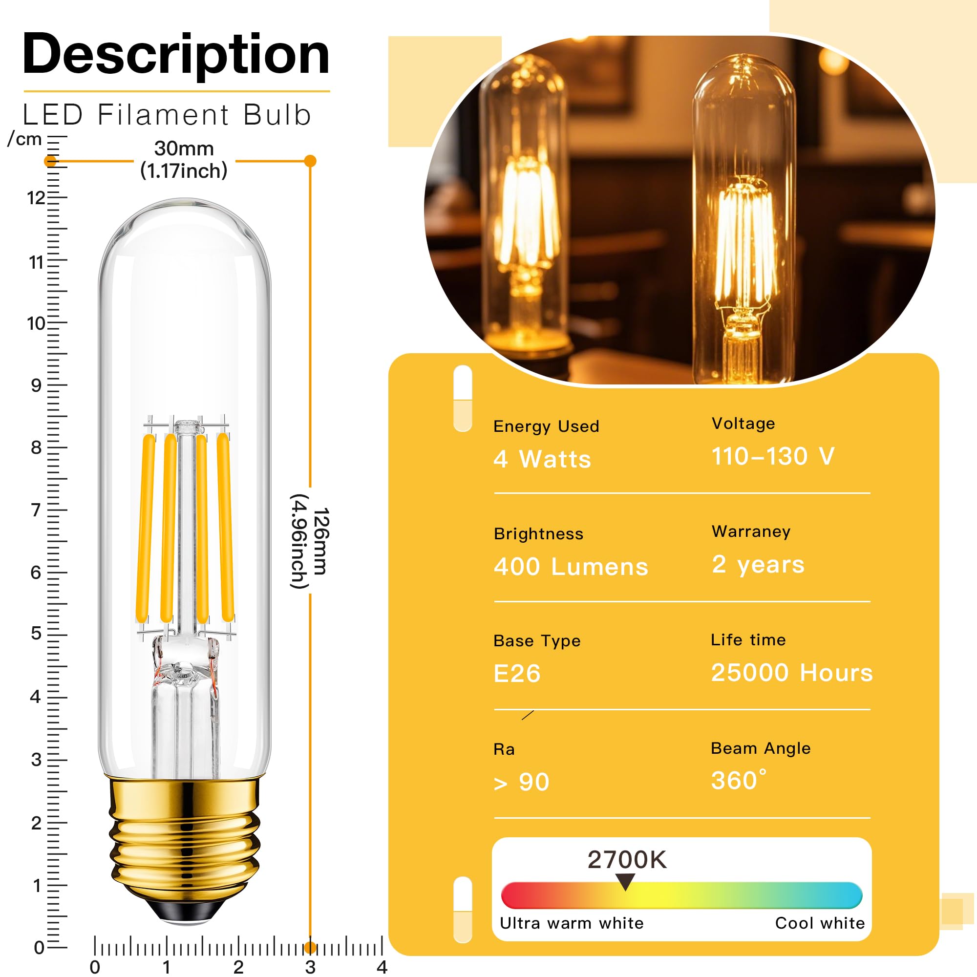 Ganlilan Dimmable E26 T10 Led Bulb 4W 40 Watts,Tube Light Bulbs,Skinny Long Tubular Light Bulb For Curio Cabinet,Piano,Ceiling,R