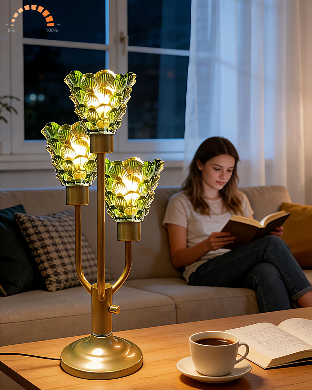 Lightdot Modern Glass Table Lamp for Living Room 3-Light Mid Century Desk Lamp with Green Glass Shade& Bulb Included 3000K Warmwhite Nightstand Lamp for Bedroom Bedside End Table-Gold