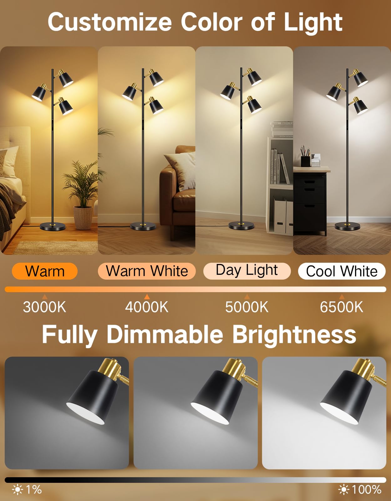 OUTON LED Tree Floor Lamp - Modern Dimmable Standing Lamp with Remote, 4 Color Temps, 3 Rotatable Lights, Black & Gold