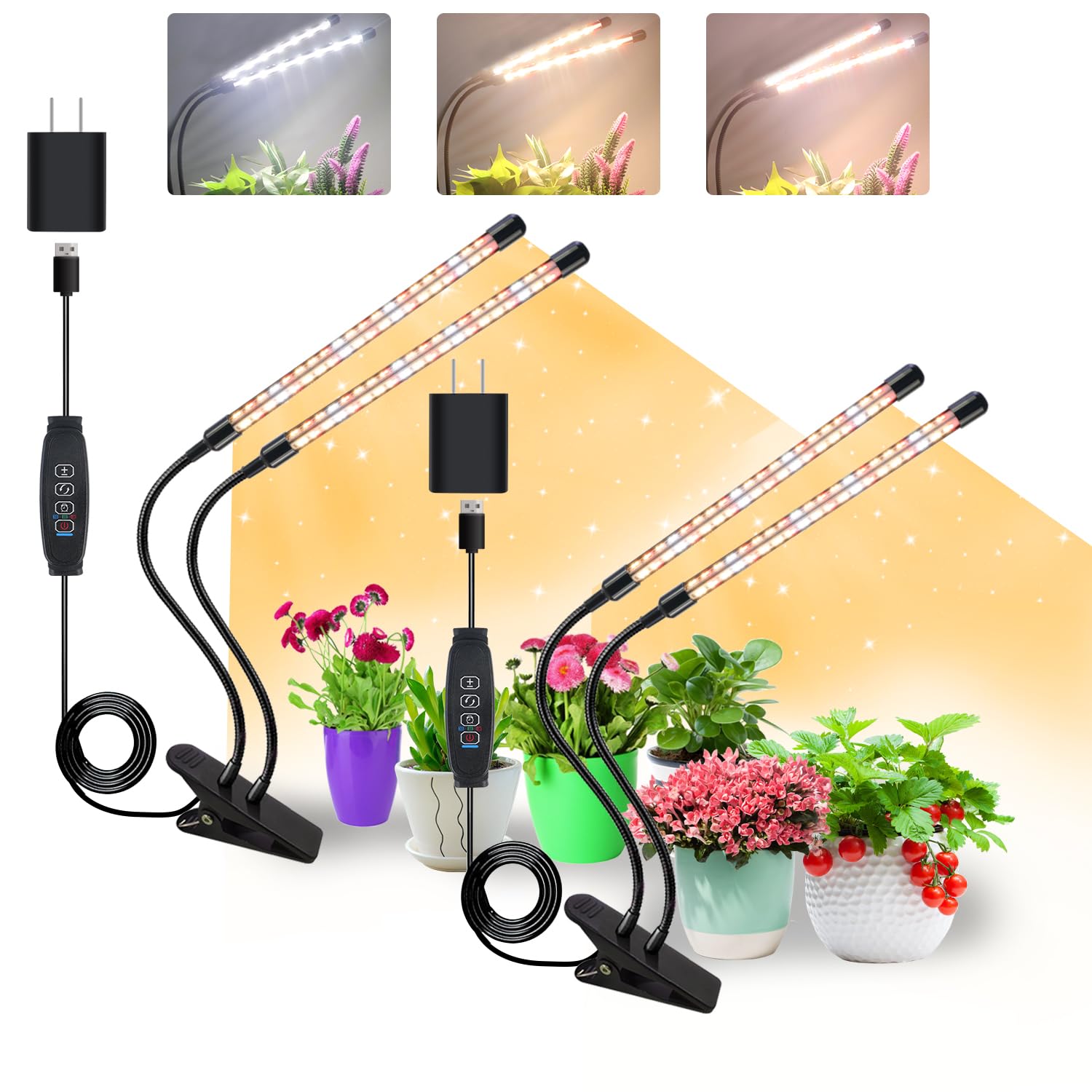 GROWSTAR Plant Lights for Indoor Growing, Full Spectrum 3 Heads Clip Grow Lamps with 10 Feet Cables for Seeding Blooming and Fru