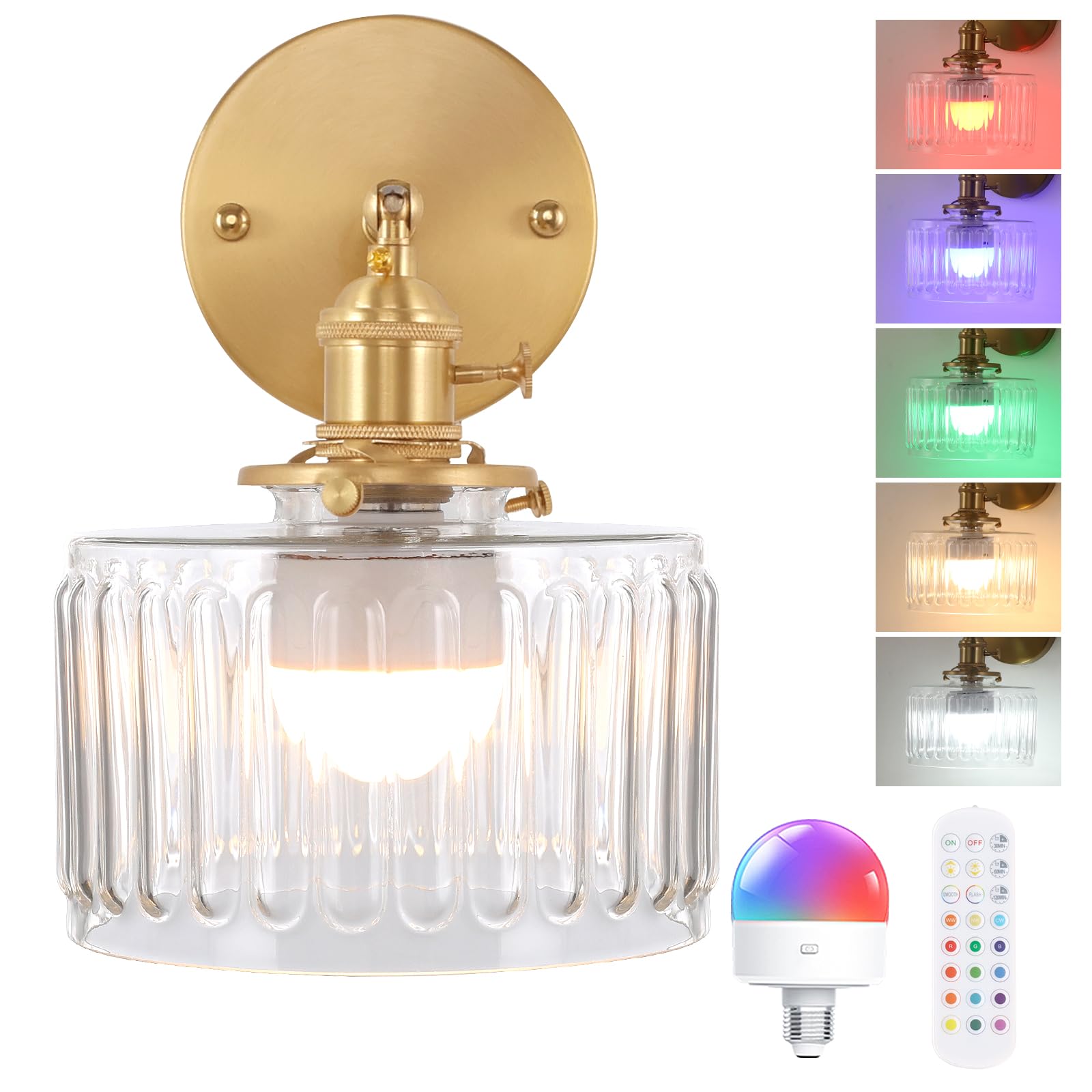 Shenmoyl Vintage Wall Sconce - Battery Operated, Remote Control, Clear Striped Glass, Brass, 5000 mAh, 1 Pack