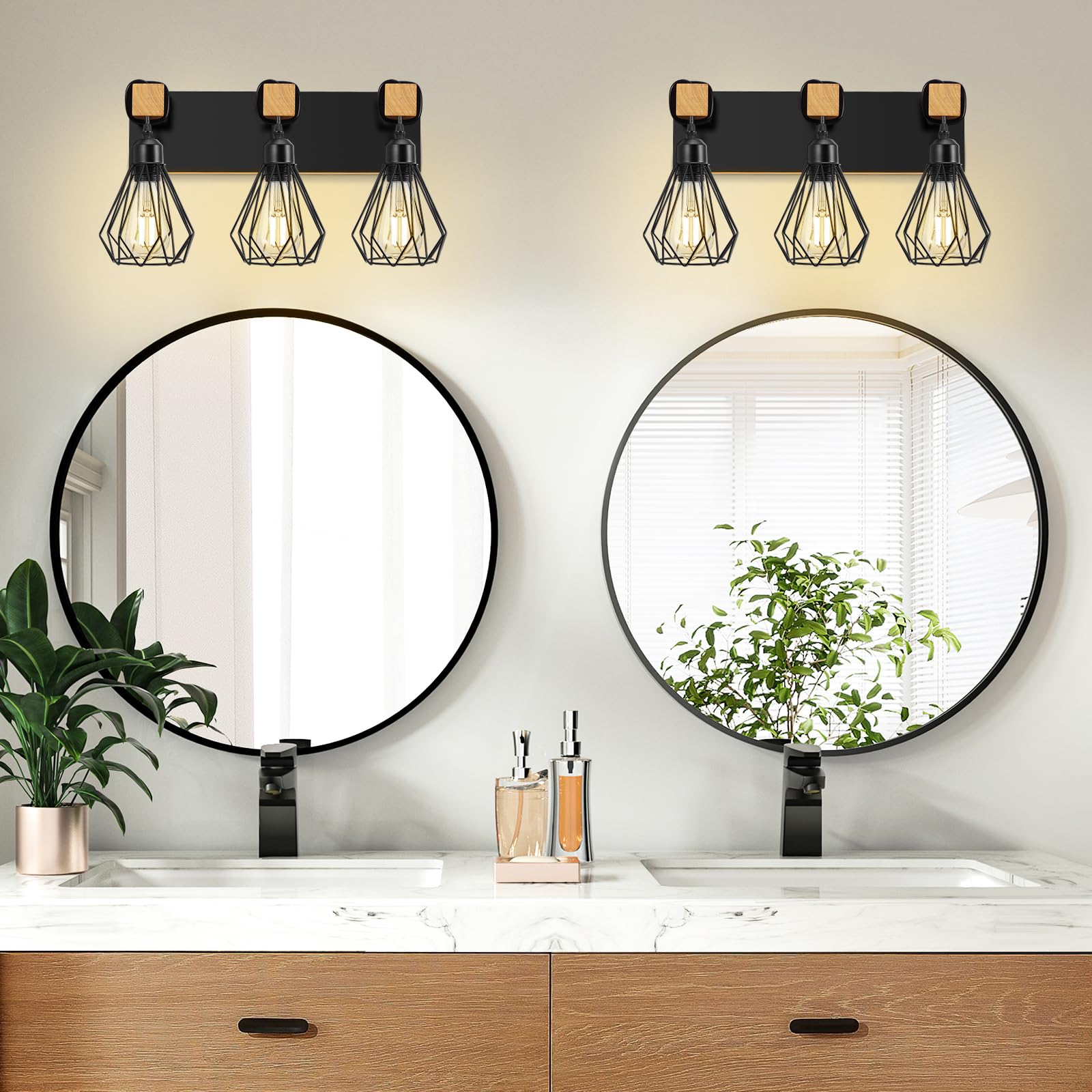 Farmhouse Bathroom Vanity Light Fixtures, 3-Light Wood Bathroom Light Fixtures Over Mirror, Black Rustic Sconces Wall Lighting W