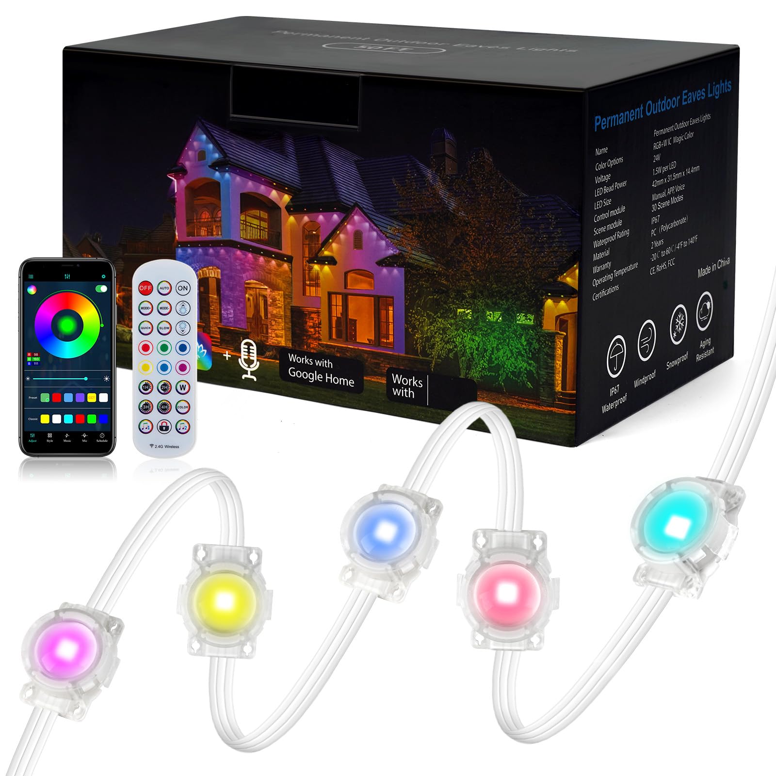 Permanent Outdoor Lights, 50Ft Smart Rgbicw Outdoor Lights With 30 Triple-Led Eaves Lights, Diy Scene Modes Ip67 Waterproof Outd