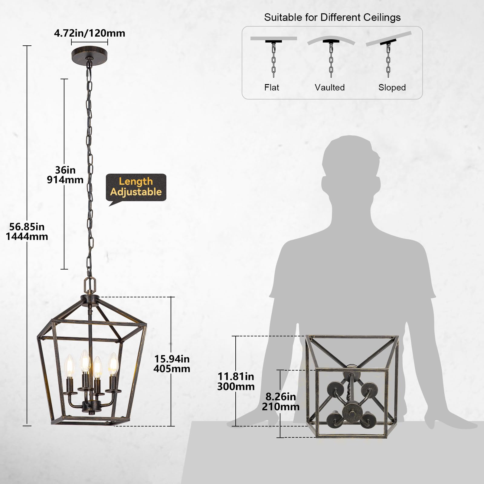4 Light Chandelier Lighting, Industrial Ceiling Light Black Lantern With Brushed Gold, Geometric Metal Hanging Light Fixture Wit
