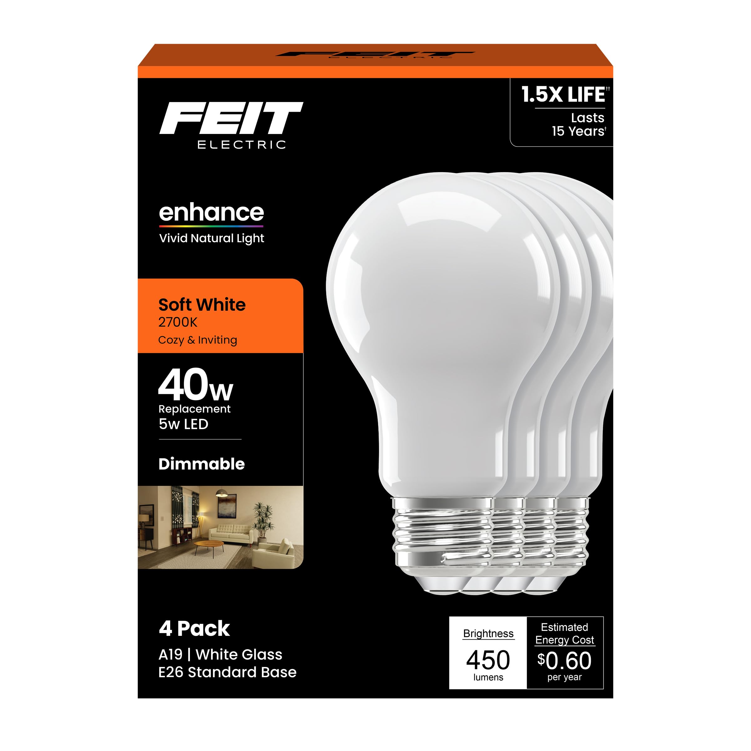 Feit Electric A19 Led Light Bulb, 40W Equivalent, Dimmable, 450 Lumens, E26 Base, 2700K Soft White, 90 Cri, 8.8W Standard Glass 