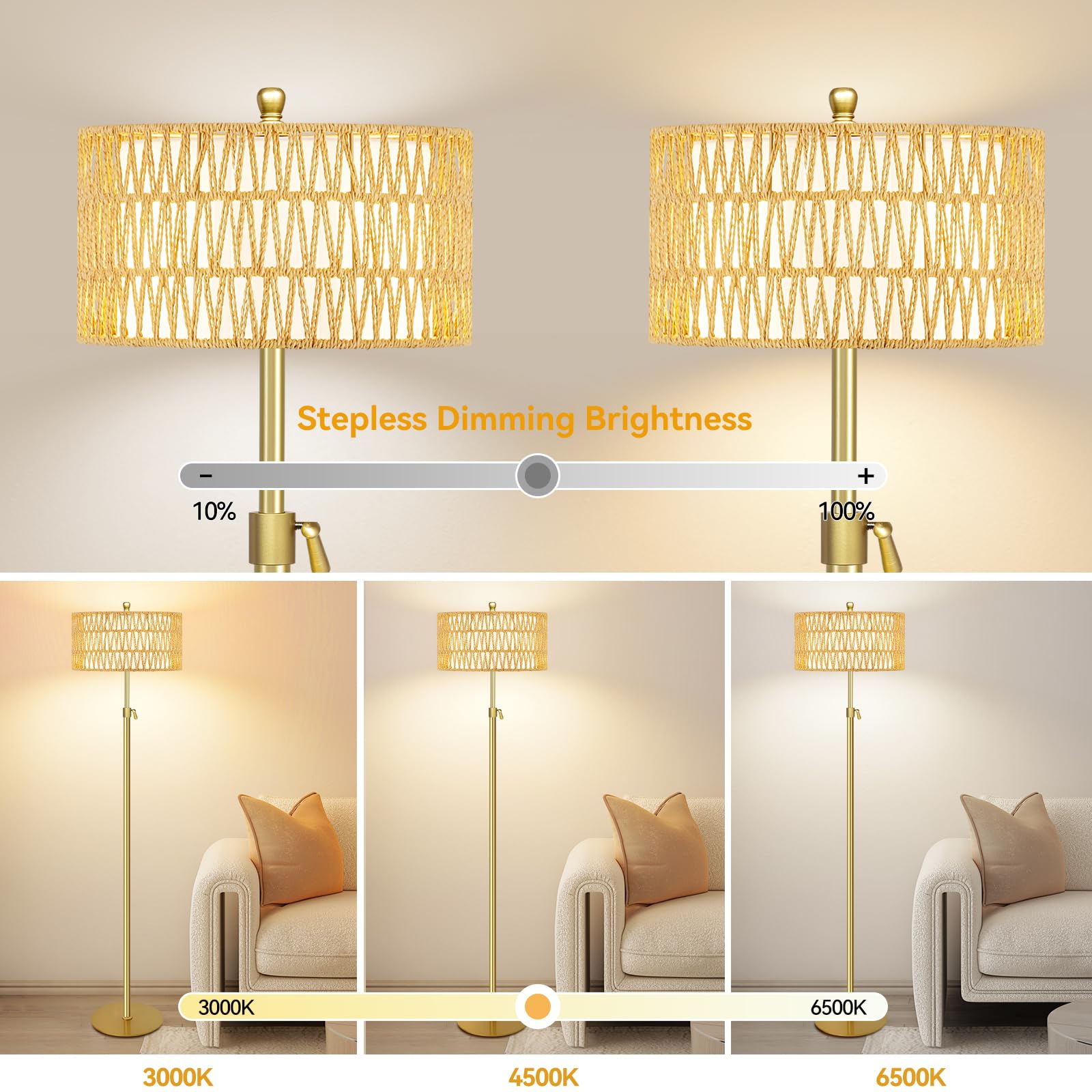 ZECOXOL Rattan Boho Floor Lamp with Remote Control, Dimmable, Brass, 12.5 Inch, Color: Buff, Model: 001
