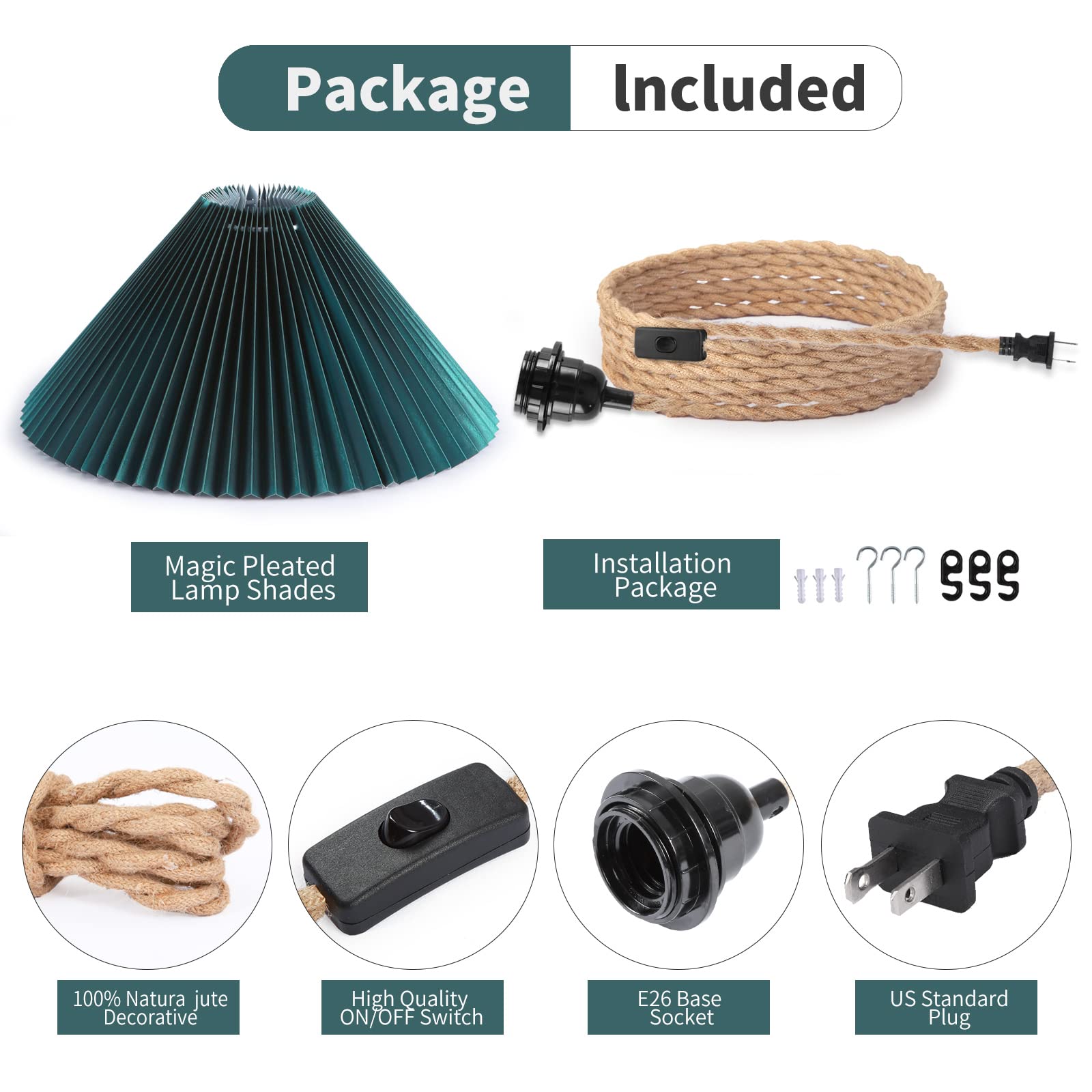 Aomicron Hanging Light With Plug In Cord,Pendant Light Green Lamp Shade And Hemp Rope Cord Plug Into Wall Outlet
