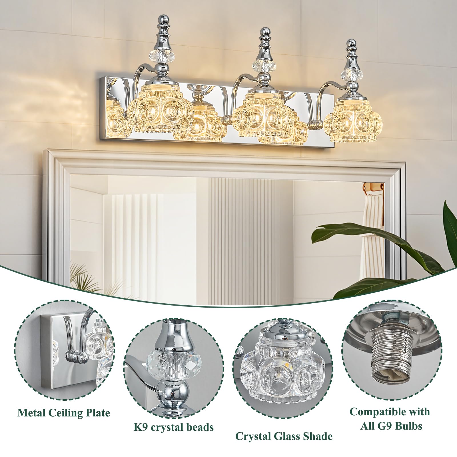 Lbsqj 3-Light Vintage Bathroom Vanity Light Fixture Industrial Chrome With Glass Shade Vanity Light Fixtures Over Mirror Glass Bathroom Vanity Lighting Fixtures G9 Bulb Wall Lights