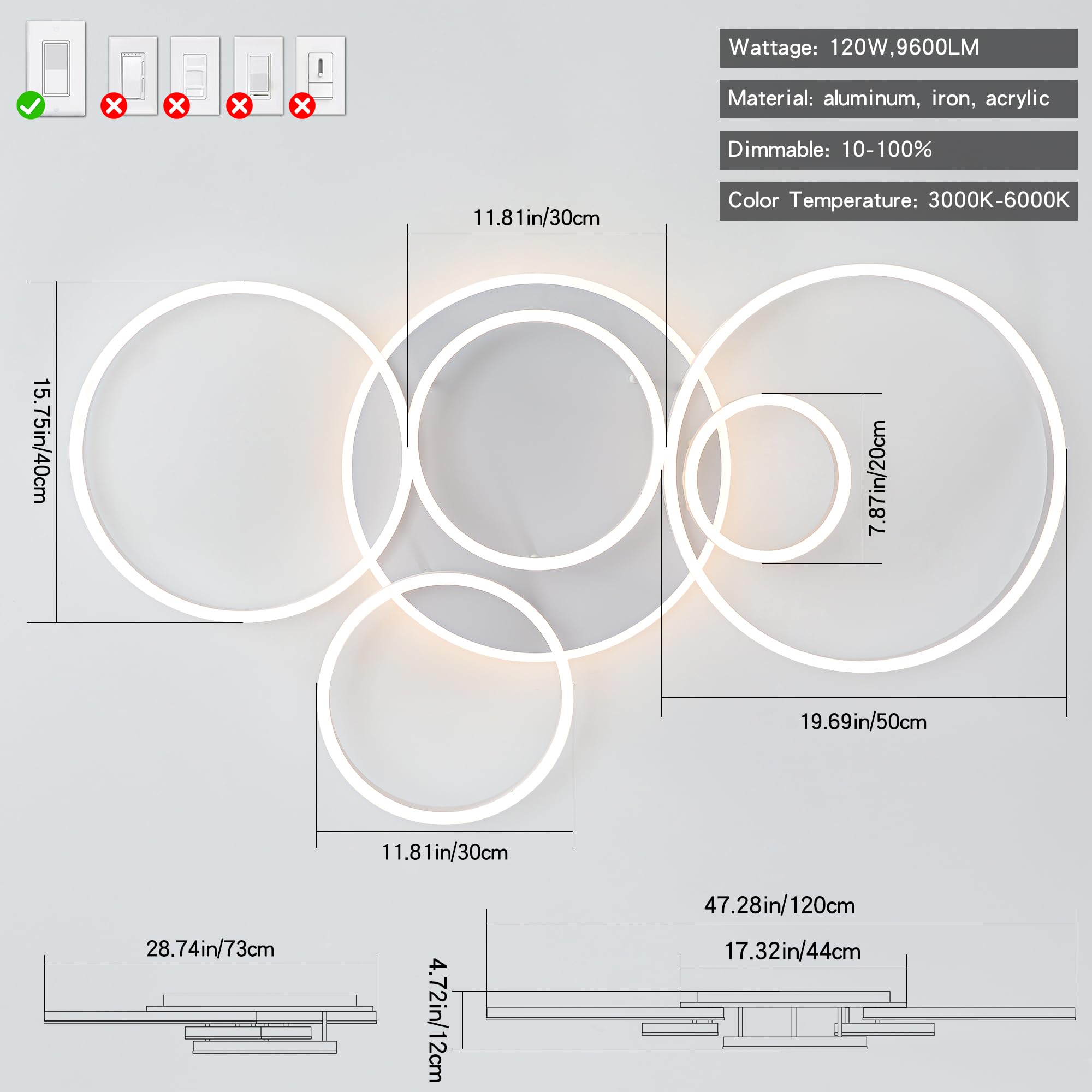 ONeeldy Modern Led Ceiling Light White Flush Mount Ceiling Lights Fixtures Dimmable 47 Dining Room Light Fixture With Remote 6 Rings Kitchen Lighting Fixtures Ceiling Lamp For Bedroom Living Room