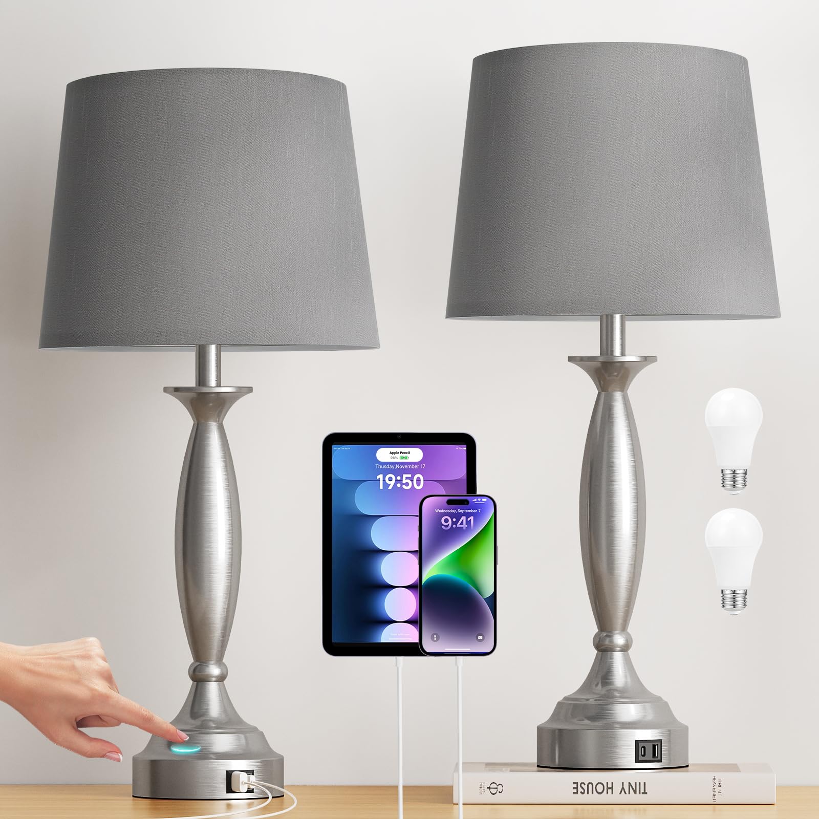 25.5 Lamps for Bedrooms Set of 2 - Touch Bedside Lamp with USB C+A  3 Way Dimmable Nightstand Lamps with USB Port  Brushed Nickel Table Lamp for Living Room Bed Side End Table(bulbs included)