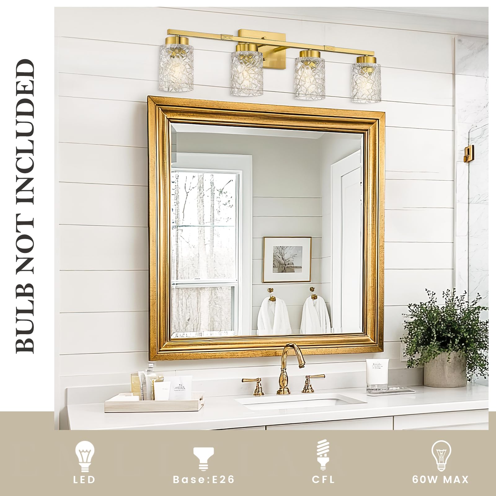 Emliviar 4-Light Vanity Light, Brushed Gold, Modern Wall Sconce, Clear Glass, 31 Inch, Model HE294B-4W BG
