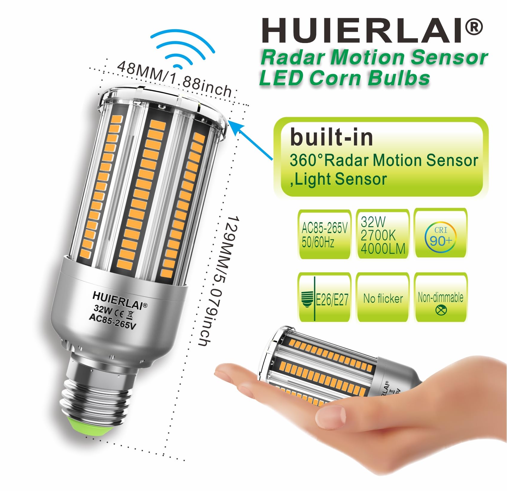 HUIERLAI Radar Motion Sensor LED Light Bulbs, 32W Warm White 2700K, 4000LM, Auto Dusk to Dawn, 2 Pack