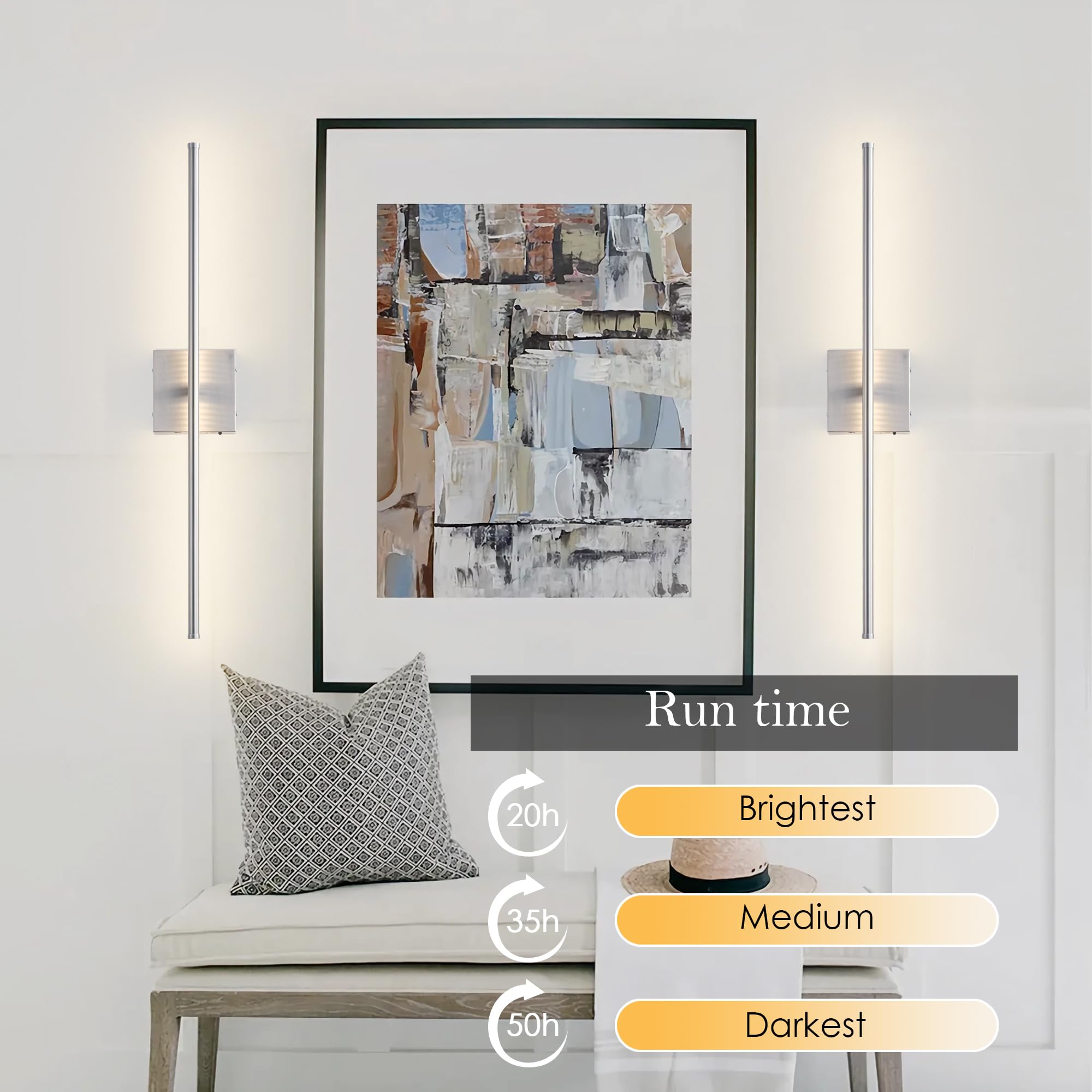 KARTOOSH Dimmable Battery Operated Wall Sconces Set of Two, 24.4 Inch Nickel, 350° Rotate, Remote Control, LED Lighting for Living Room, Bedroom