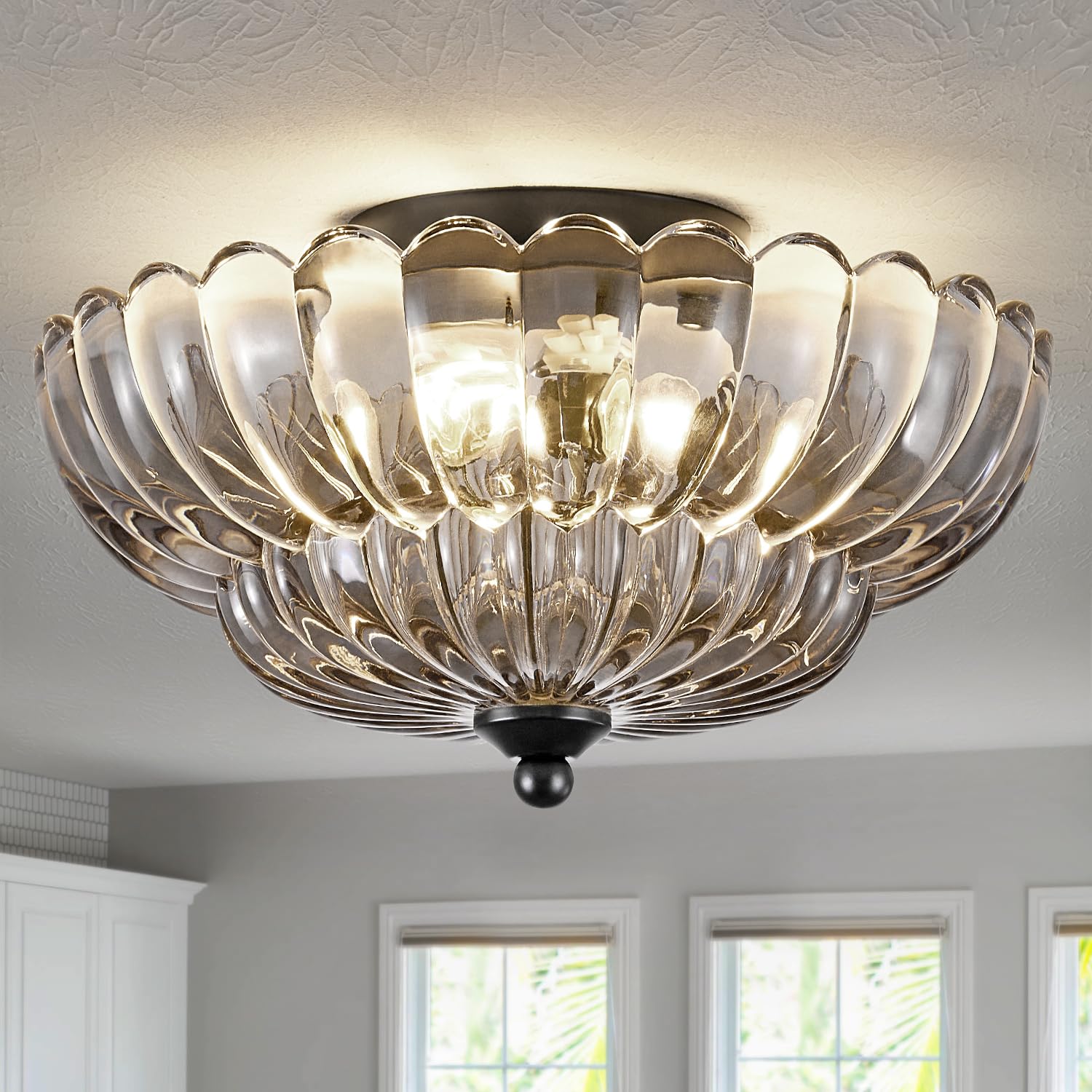 Modern Black Ceiling Light Fixture, 12'' Grey Glass Flush Mount Chandeliers, Semi Flush Mount Ceiling Light Fixture Suitable For