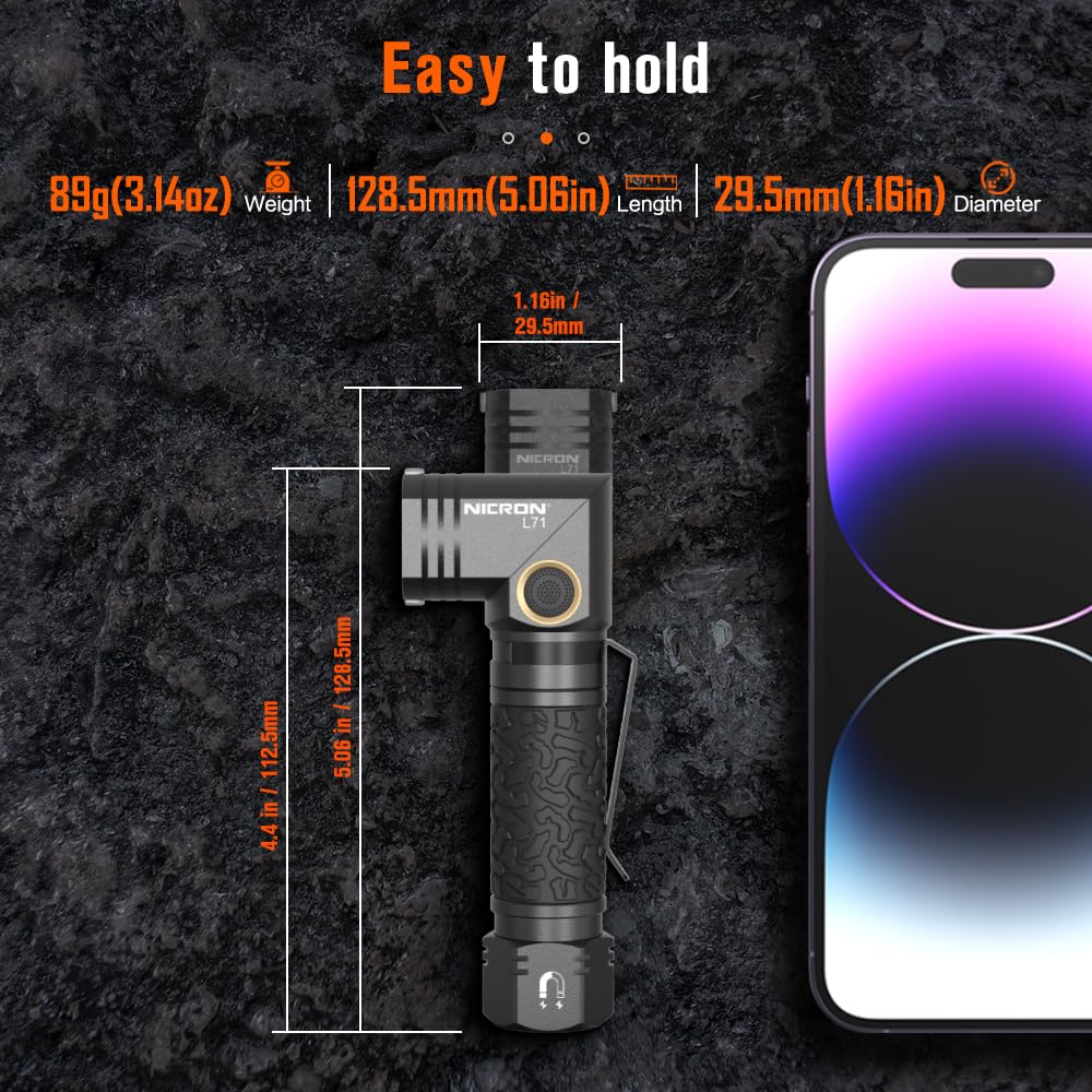 NICRON L71 Tactical Flashlight - 1800 Lumens, IP65 Waterproof, Type-C Rechargeable, Black, Small, Aluminum, 8 Modes