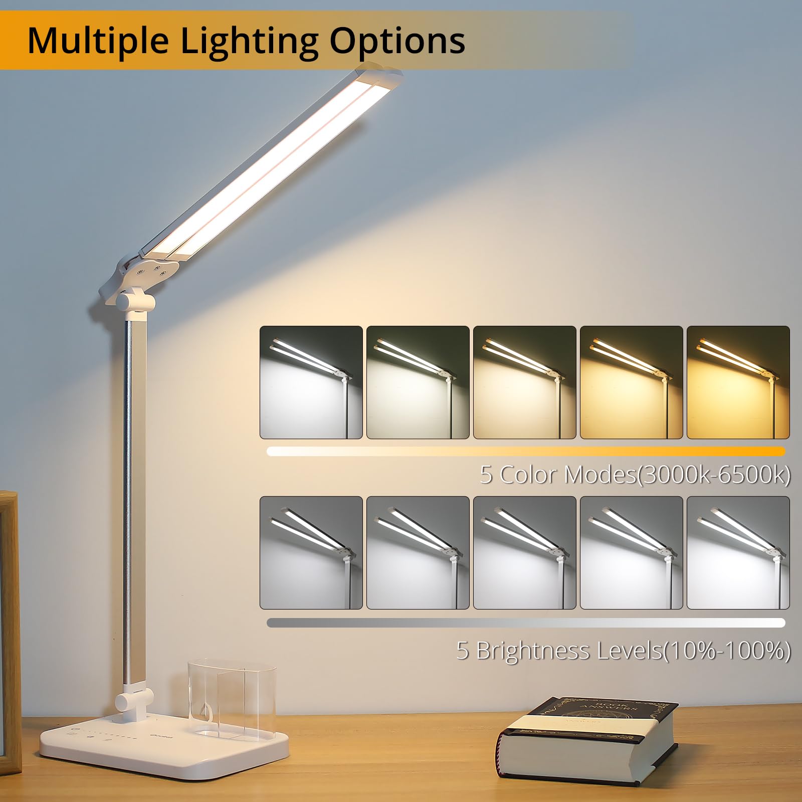 Qooltek LED Desk Lamp, Touch Control, 5 Color Modes, Adjustable Brightness, USB Charging, Silver White, Model JB510