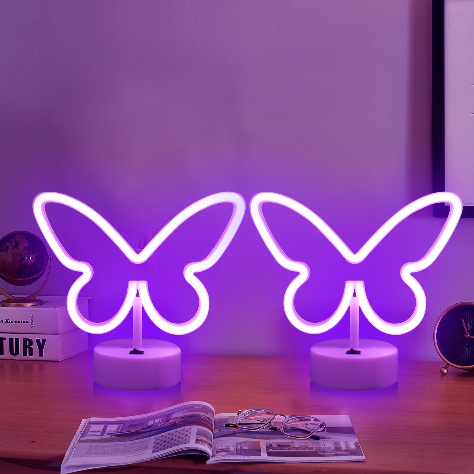 UrsaMajor Butterfly Neon Sign LED Lights, 2 Pack, USB/Battery Operated, 8.86x6.3 inches, Purple, Model Pu-2