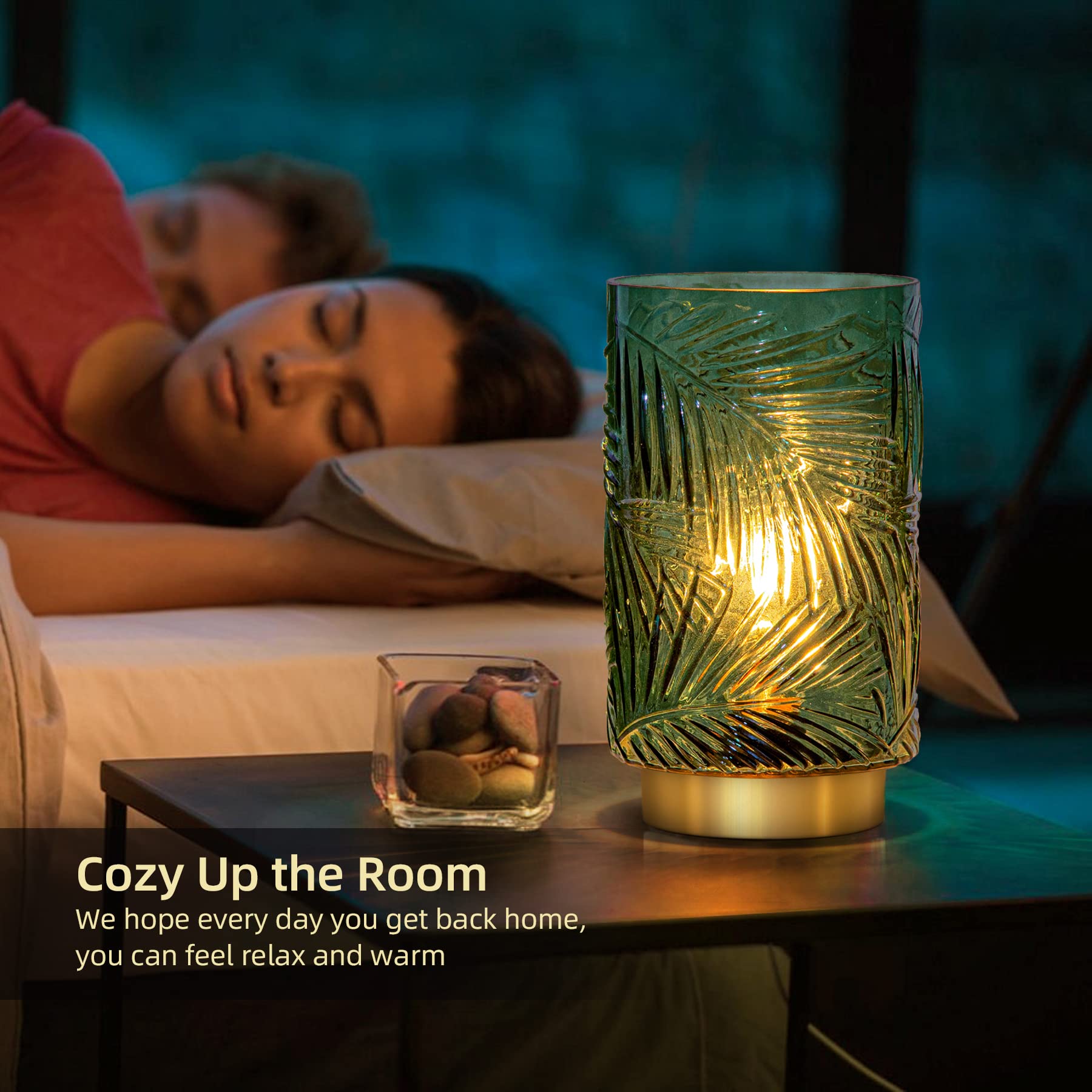 Mj Premier Battery Operated Table Lamp, Green Cordless Led Nightlight With Timer, Small Decor