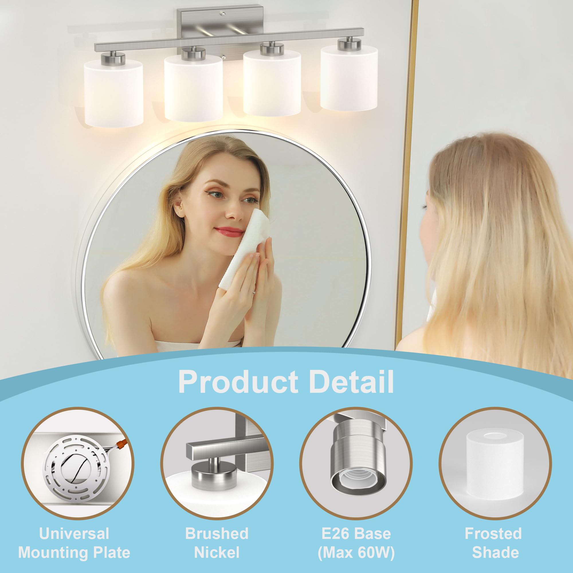 Honesorn 4-Light Bathroom Vanity Light Fixtures Brushed Nickel Modern Design with Frosted Shade E26 Base Model TK-JQD-MS-YS-4