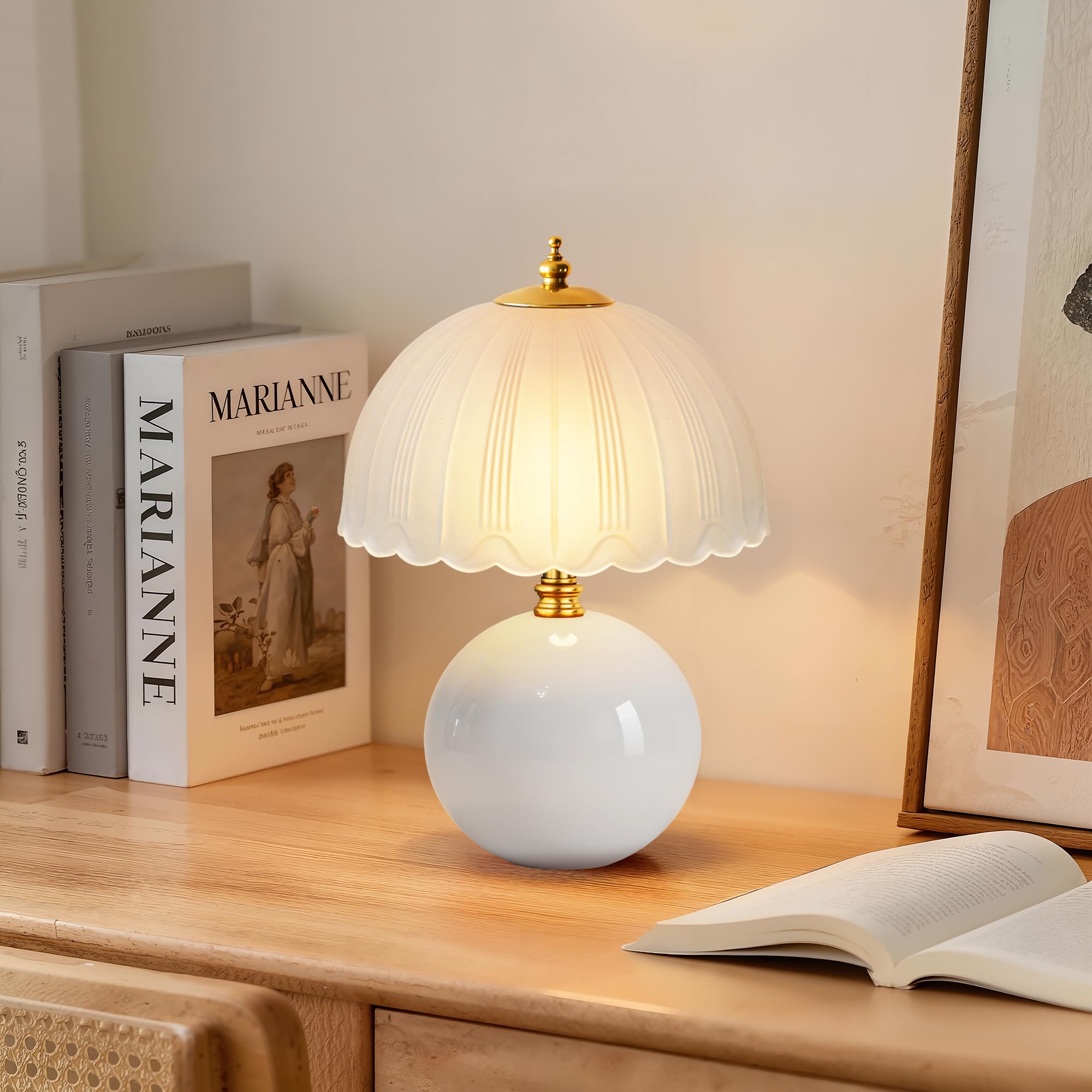 PARTPHONER Mushroom Table Lamp  Ceramic Bedside Lamp with Glass Shade  3-Way Lighting (2700K-5000K) Rocker Switch  Small Nightstand Lamp for Bedroom  Living Room  Office  White
