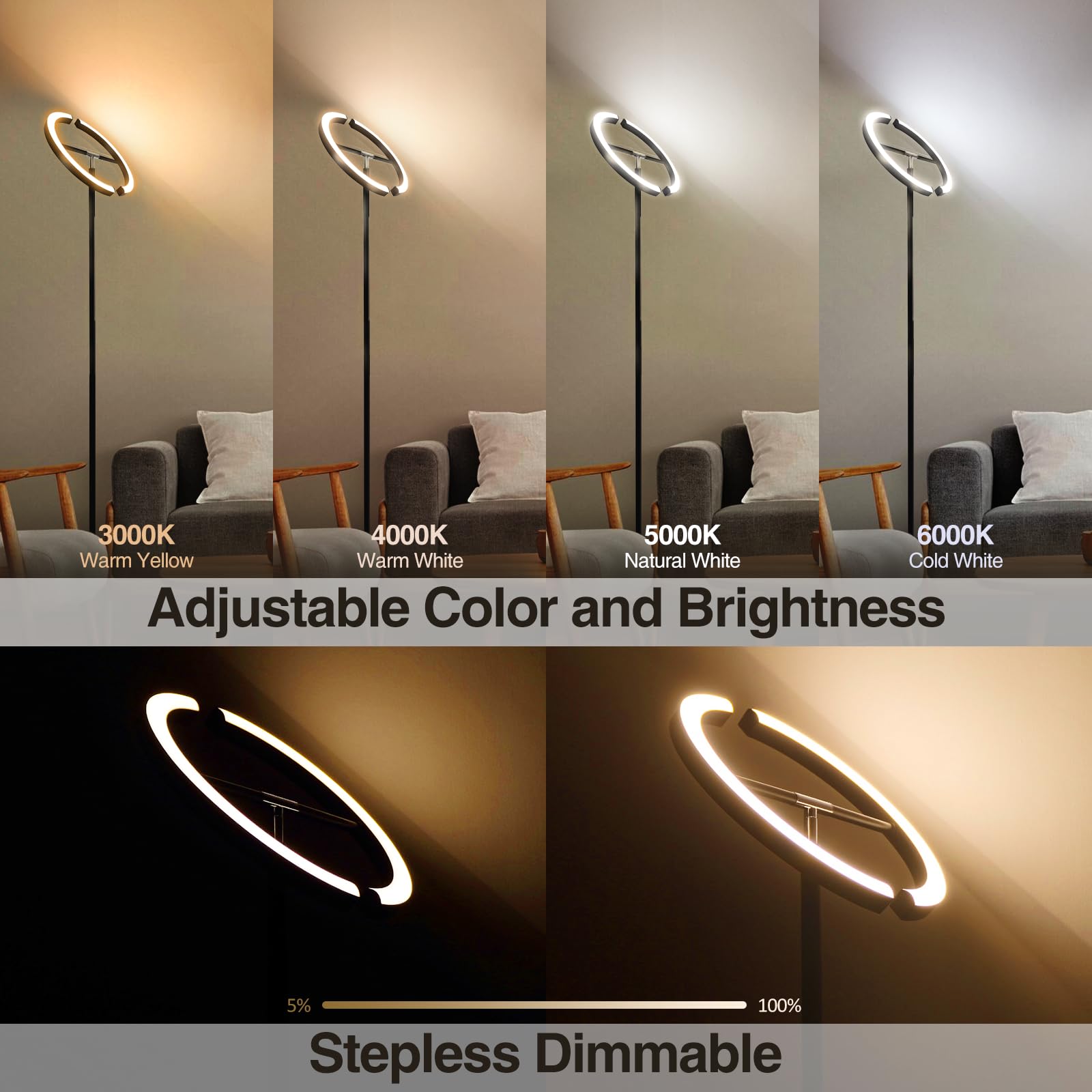FIMEI Modern LED Rotatable Floor Lamp, Eye-Protection, Stepless Dimming, 3000K-6000K, Black, Model: 03662e1d-088f