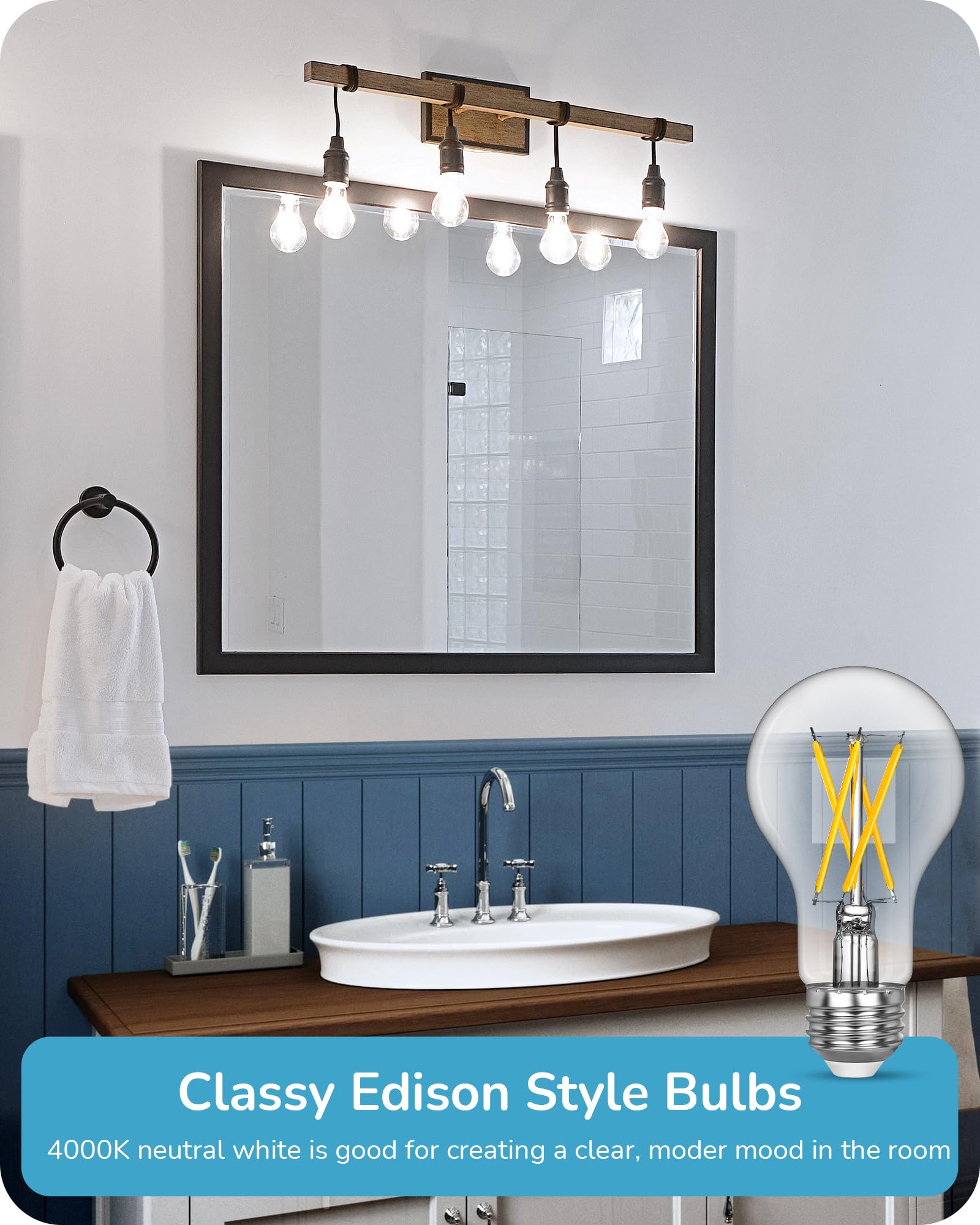 EDISHINE 6 Pack LED Edison Bulbs, A19 Dimmable, 800LM, 4000K Cool White, E26 Base, Antique Filament, 8W Equivalent to