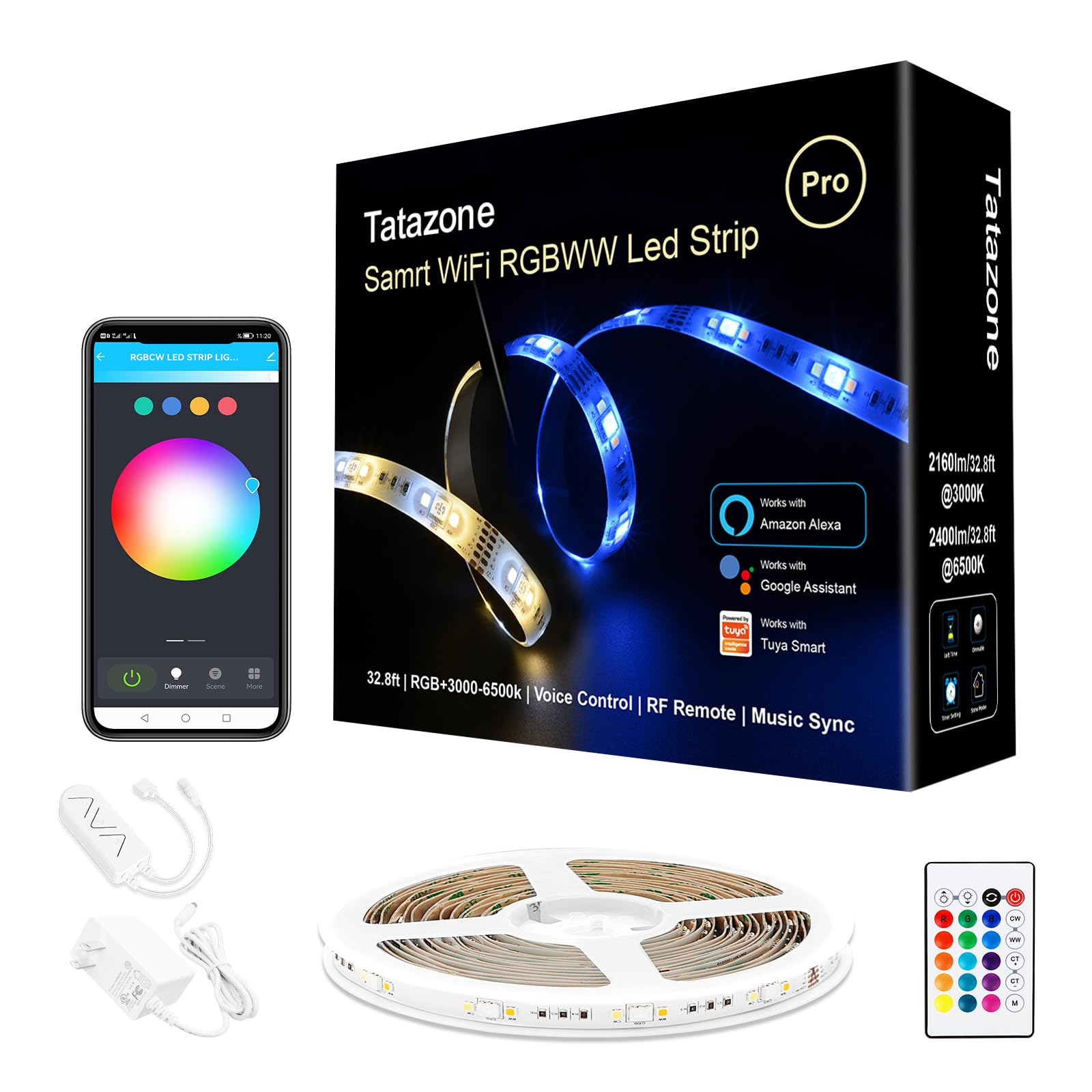 Tatazone RGBWW Smart LED Strip Lights, 32.8ft, Copper, Tunable White 3000K-6500K, Works with Alexa and Google, Model LR8020