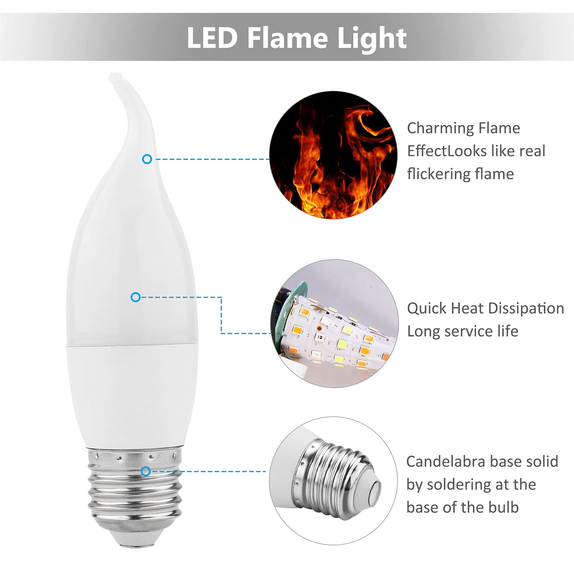 Lpraer E26 LED Flame Effect Light Bulbs, Warm White, 6 Pack, Flickering Mode, Polycarbonate, Model IIUS00412