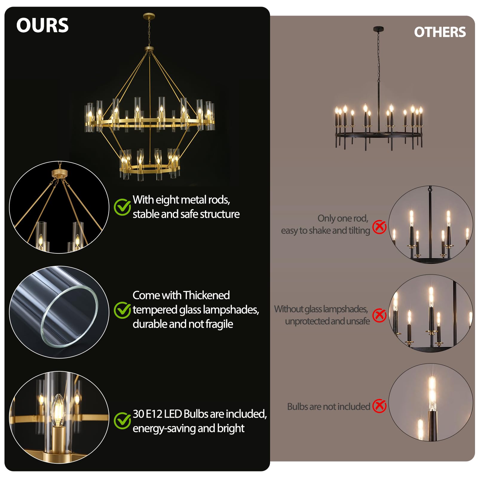 Gold Wagon Wheel Chandelier 2 Tier, 60 Inch Chandeliers With Glass Shade, 30-Light Large Chandelier For High Ceiling, Modern Far