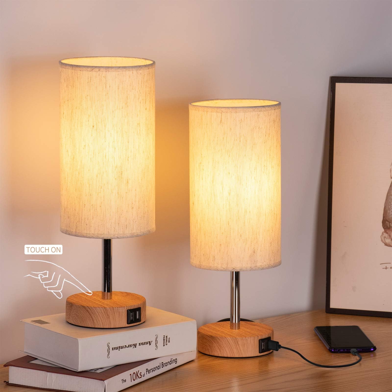 Yarra-Decor Touch Control Bedside Lamps Set of 2, 3 Way Dimmable, Wood, Linen Shade, Model TD001