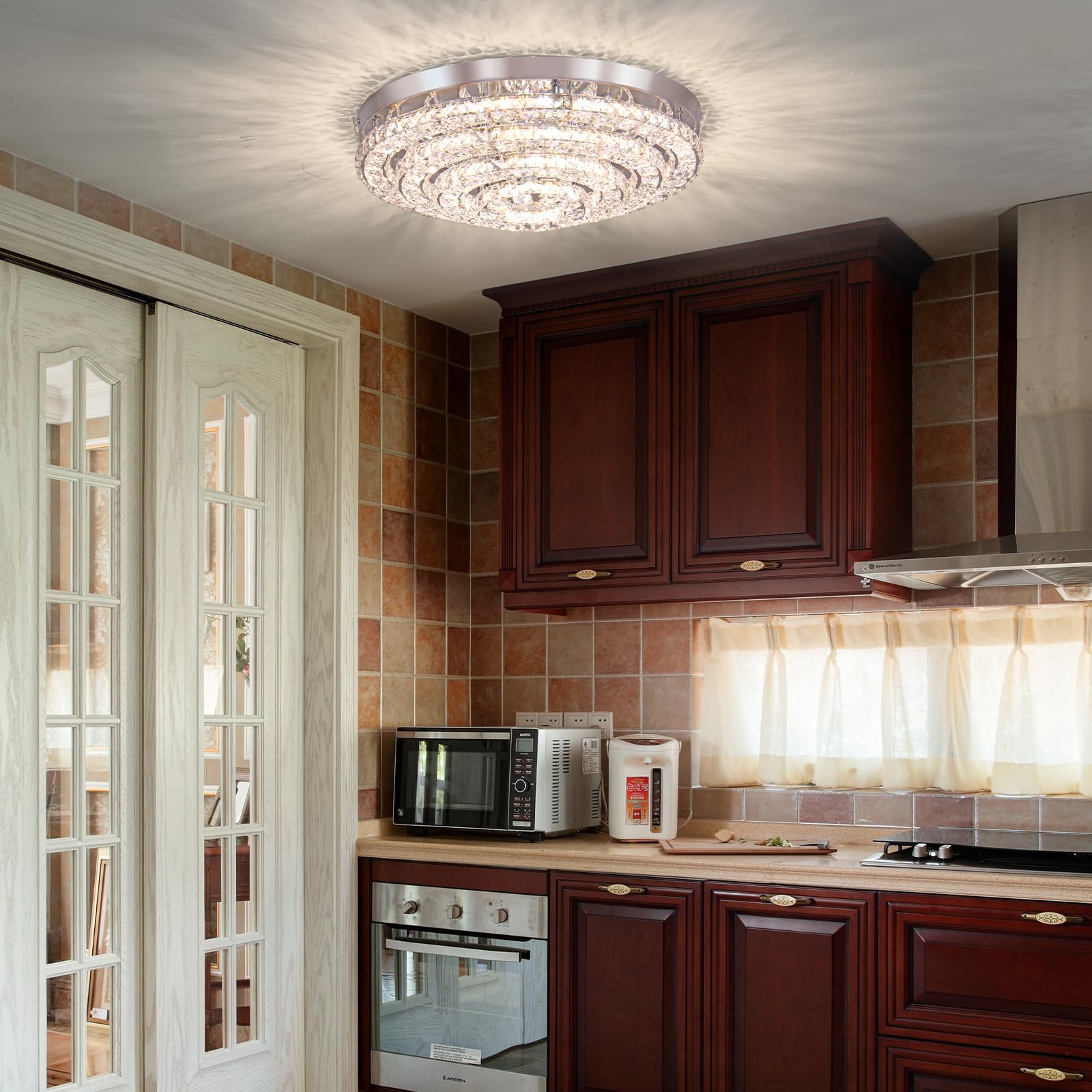 Cainjiazh Modern LED Chandelier Flush Mount, Dimmable, Four Rings, Crystal, Model 1234, Ideal for Bedroom, Living Room, Dining Room