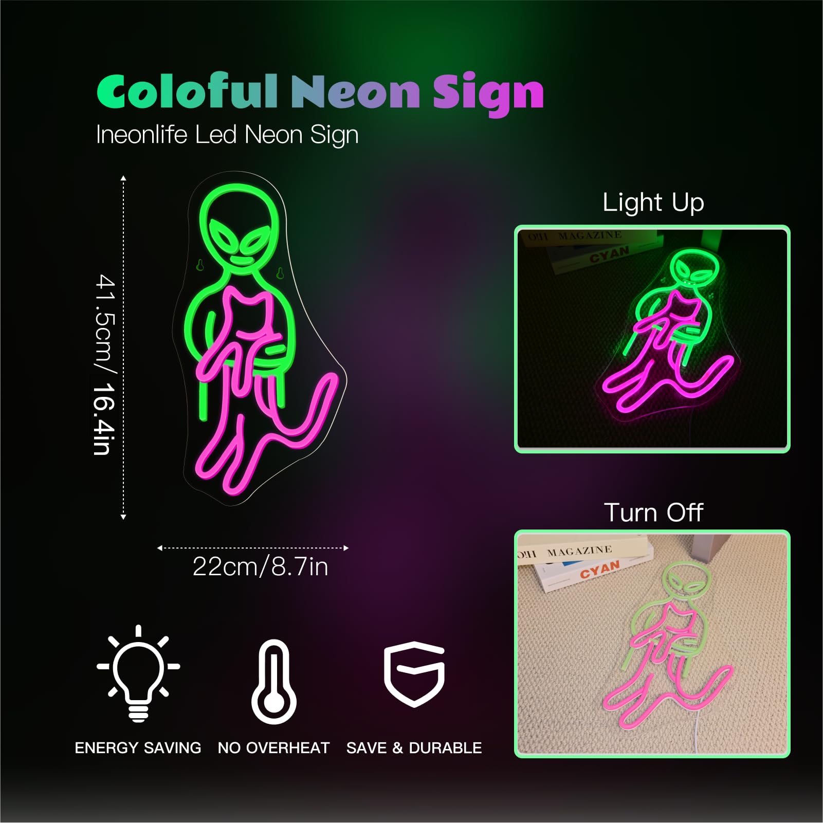 ineonlife Alien Cat Neon Sign LED Light Wall Art Decor 16.4in  x 8.7in  Acrylic Green Pink for Game Room Bedroom Gifts
