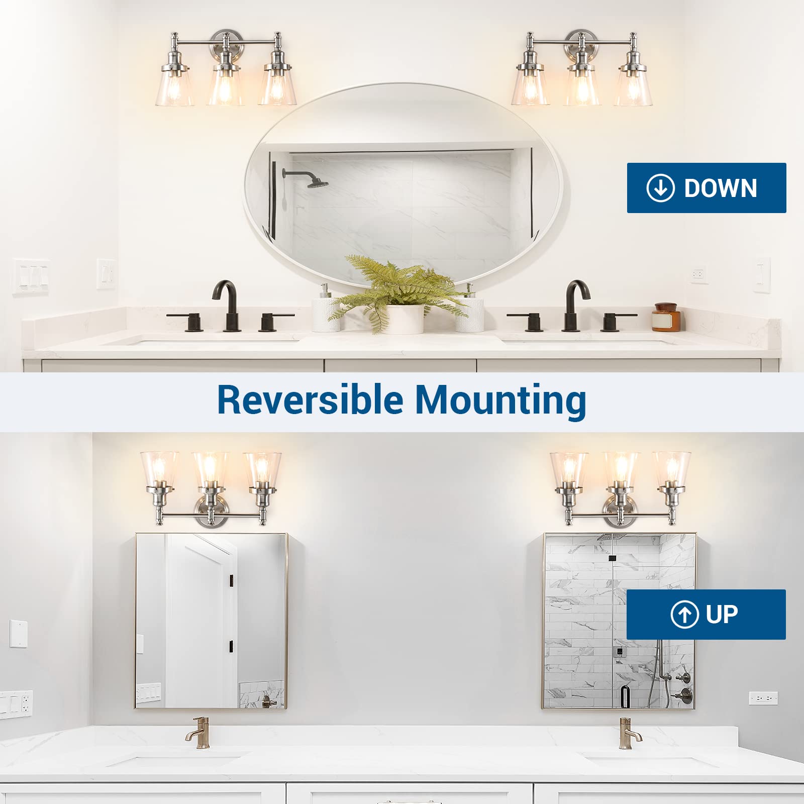 DEWENWILS Bathroom Light Fixtures Set, 5-Piece, 3 Light Brushed Nickel, Metal with Glass Shades, Model HHVL01E