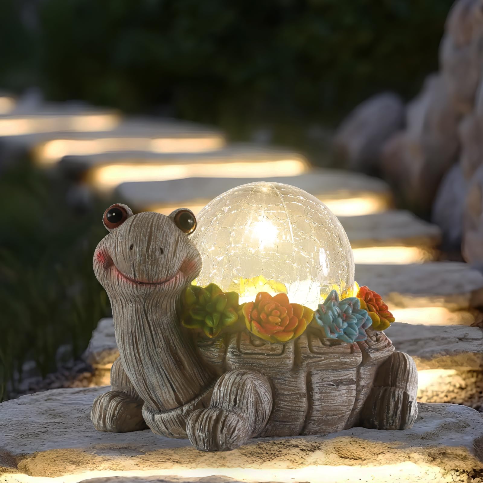 Vasesun Solar Turtle Garden Statue Lights for Outdoor Decor with Cracked Glass LED Figurine Lighting Resin Succulent Tortoise De