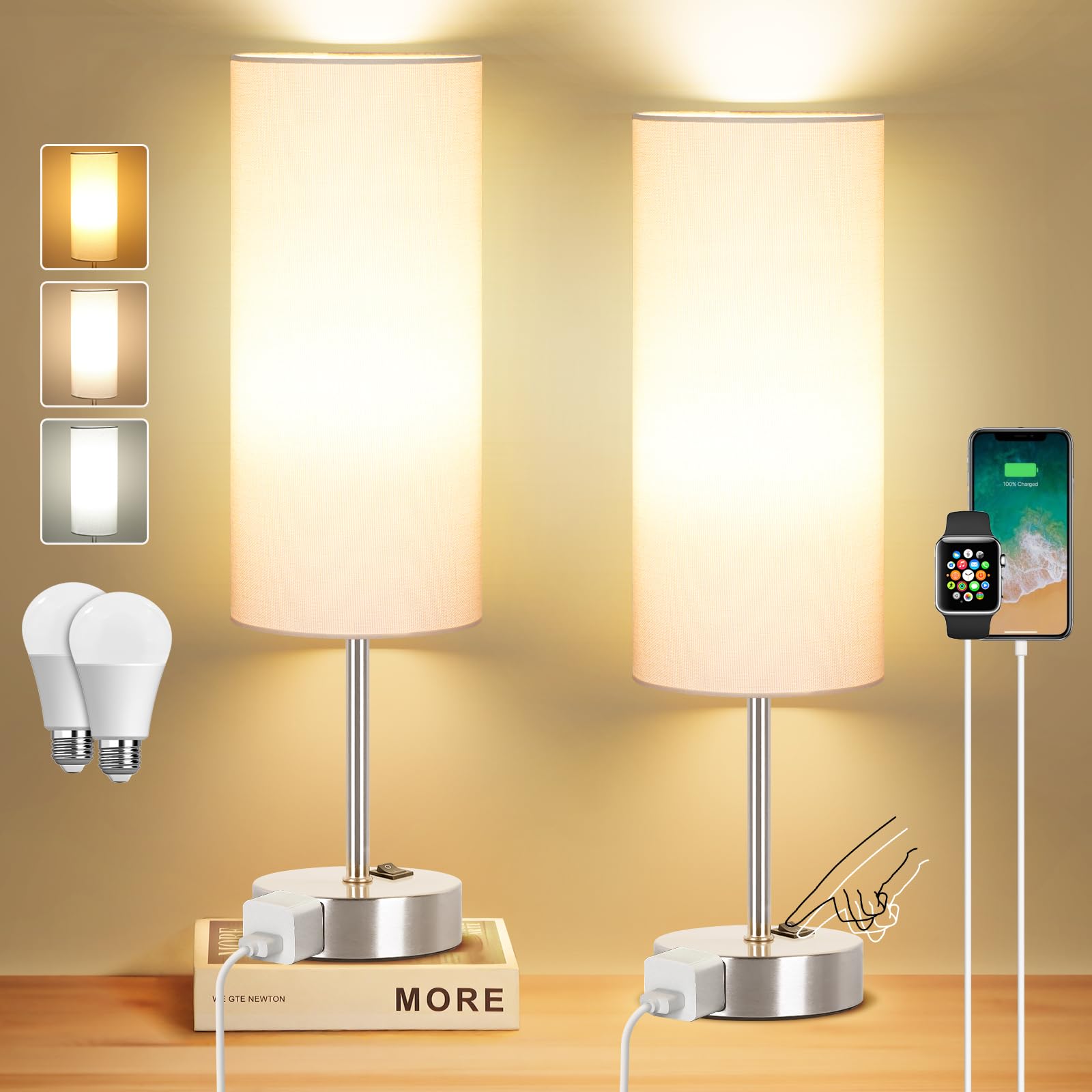 ZJOJO 2 Pack Bedside Table Lamp, 18in Dimmable with Rocker Switch, White Fabric Shade Nickel Base, Model RD-PTL6W-039