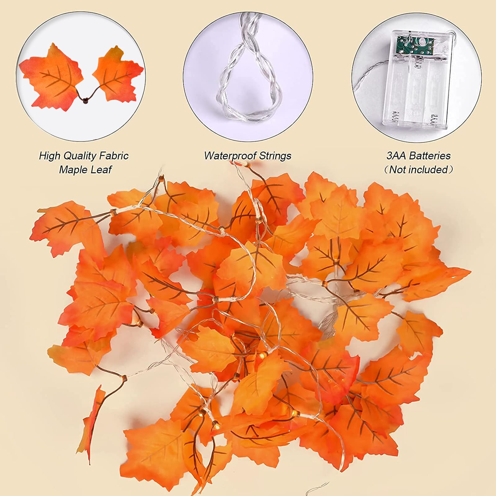 2 Pack Thanksgiving Decorations for Home Lighted Garland, Total 16.4Ft 50LED Fall Halloween Maple Leaves String Lights Battery O