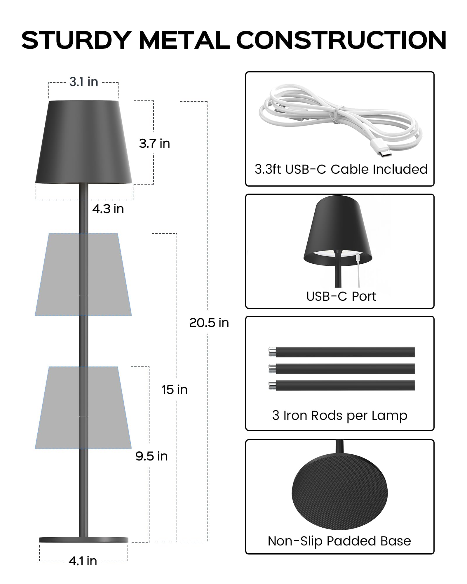 JACKYLED Cordless Table Lamp, Rechargeable, 3 Adjustable Heights, 5000mAh Battery, Waterproof, 1 Pack, Black, Model JKTL02-7005404D