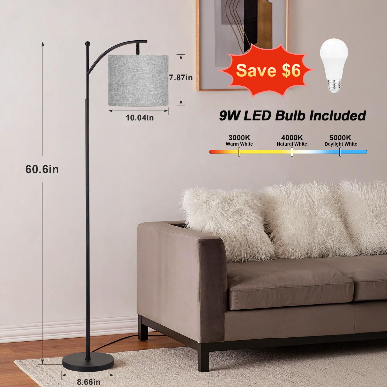 60&quot; Floor Lamps For Living Room With 3 Color Temperatures, Adjustable Grey Shade With Black Pole, Tall Lamps For Living Room Bedroom Office Classroom Dorm Room, 9W Bulb Included