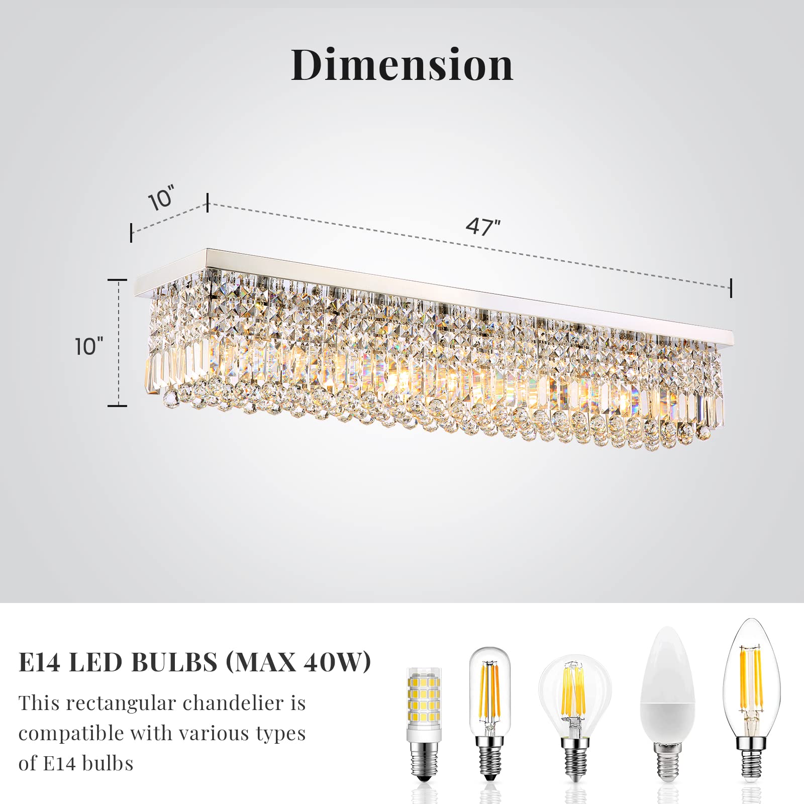 Siljoy Crystal Chandelier 10-Lights Rectangular Flush Mount Fixture L47" x W10" Chrome Model HLC037 for Dining Room, Living Room, Kitchen