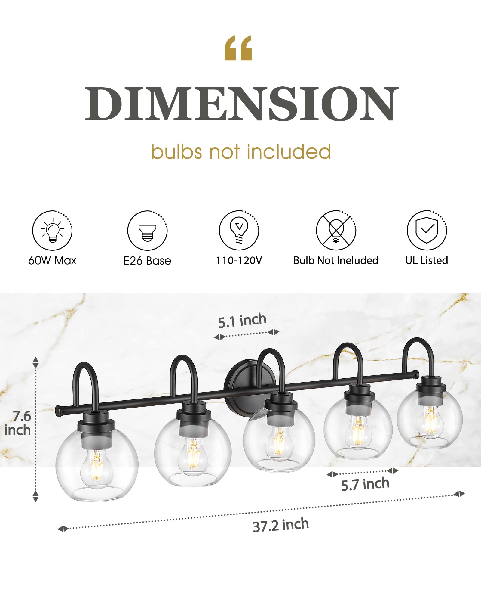 Audickic 5-Light Matte Black Bathroom Vanity Light Fixture with Clear Glass, 35 Inch, Model AD-22280-5W-BK