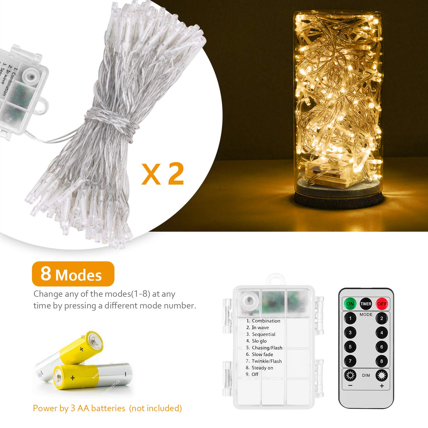 Koxly Battery Operated String Lights, 2 Pack, 36ft, 100 LED, Waterproof, 8 Modes, Warm White, Remote Timer, Indoor Outdoor Decorations