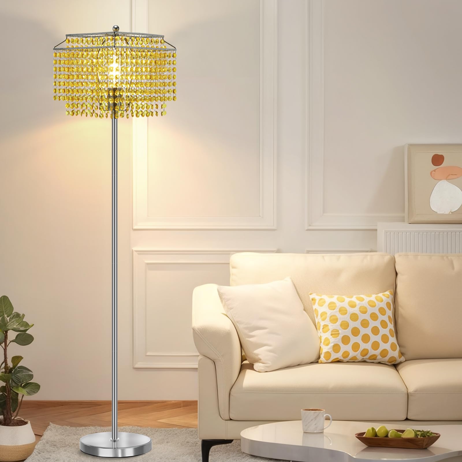 Luvkczc Crystal Floor Lamp Yellow, 64'' Tall Elegant Standing Lamp with On-Off Foot Switch, Double-Layer Lampshade, Standing Lam