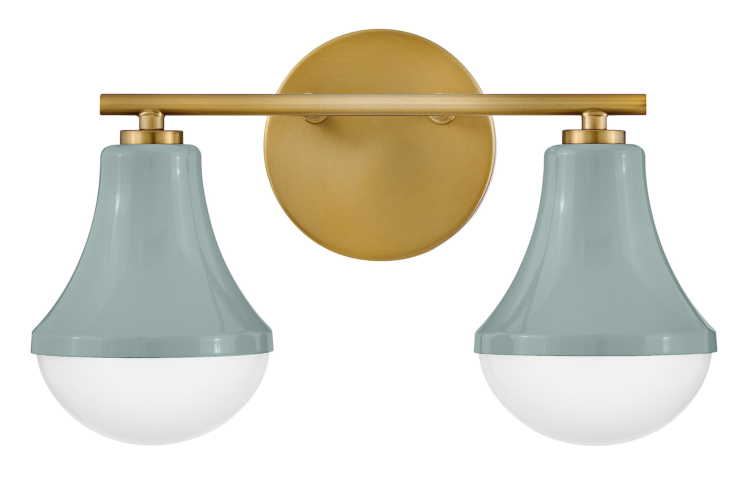 Lark Haddie 85512SF Modern Two-Light Bath Vanity, Fixture Mounts Up or Down, Shades Secured in Place, Seafoam and Lacquered Bras