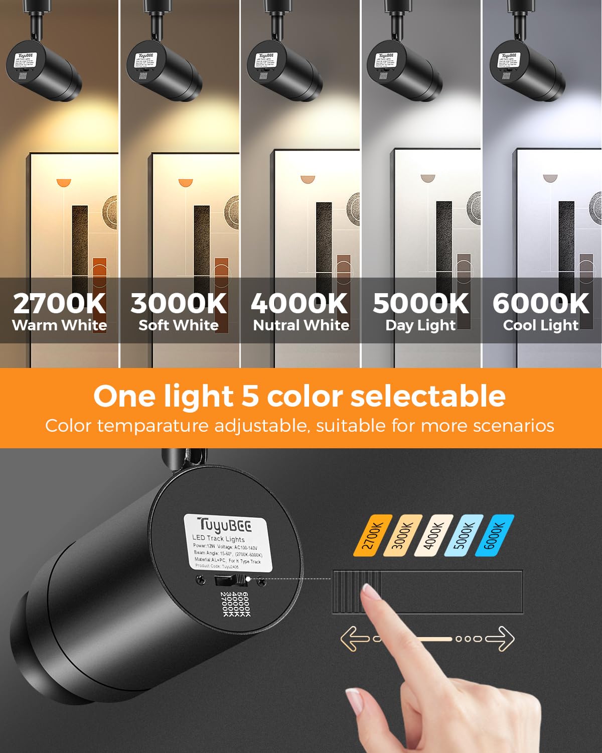 Tuyubee 5 Color Zoomable 6-Light Led Track Lighting Kit With 6.6Ft H Track Lighting Rail & Floating Canopy Connector, Modern Kit